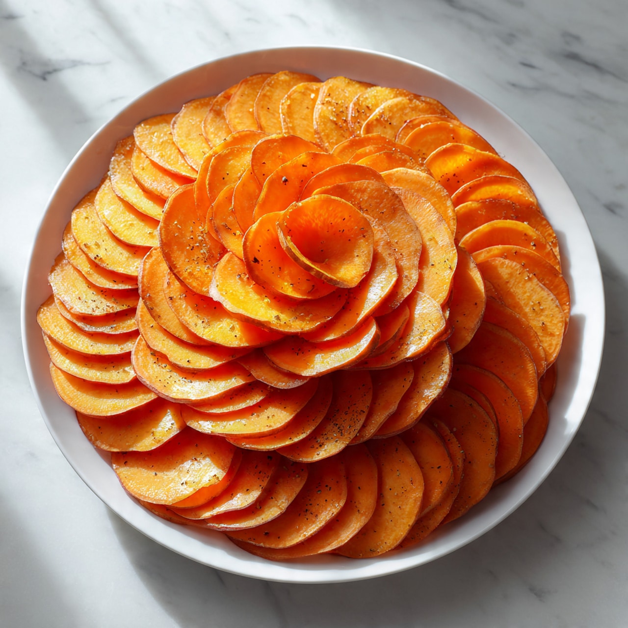 A white round dish filled with thinly sliced orange sweet potatoes arranged in overlapping circular layers. The slices show the natural smooth texture of the sweet potato with their peel edges visible, forming a spiral pattern that starts from the center and goes to the edges. The dish is placed on a white marbled surface. Photo taken with an iphone --ar 4:5 --v 7