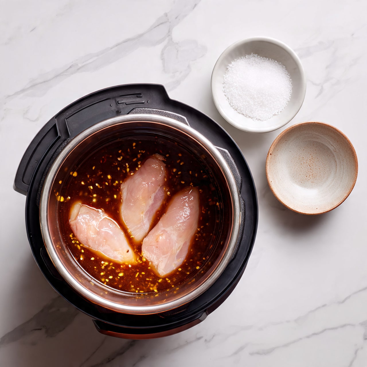 The image shows an open pressure cooker with three raw chicken pieces inside, each placed separately and soaked in a dark brown sauce with visible small seeds or spices. The chicken pieces vary in size and shape, with a smooth light pink texture and slight shine from the sauce. Next to the cooker, on a white marbled surface, is a small white round bowl filled with white powder, likely salt or starch. The overall scene is bright with clean and simple background. photo taken with an iphone --ar 4:5 --v 7