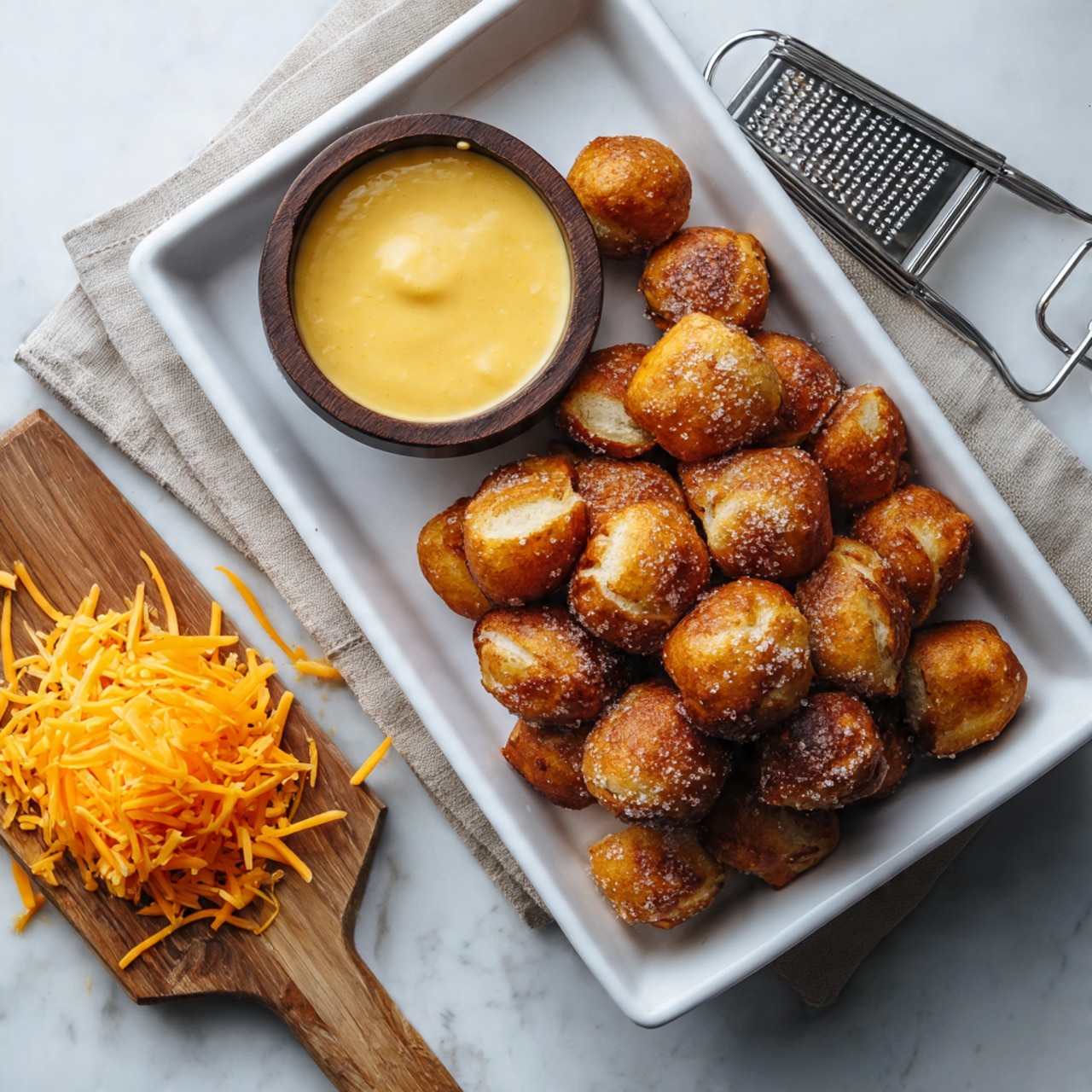 The image shows a white rectangular tray filled with many small, golden brown pretzel bites that have a crunchy texture and some salt sprinkled on top. In the middle left side of the tray, there is a small, round dark bowl filled with smooth, creamy yellow cheese sauce. To the bottom right corner of the image, a wooden board holds a pile of shredded bright orange cheddar cheese next to a small metal grater. The surface under everything is a white marbled texture. photo taken with an iphone --ar 4:5 --v 7