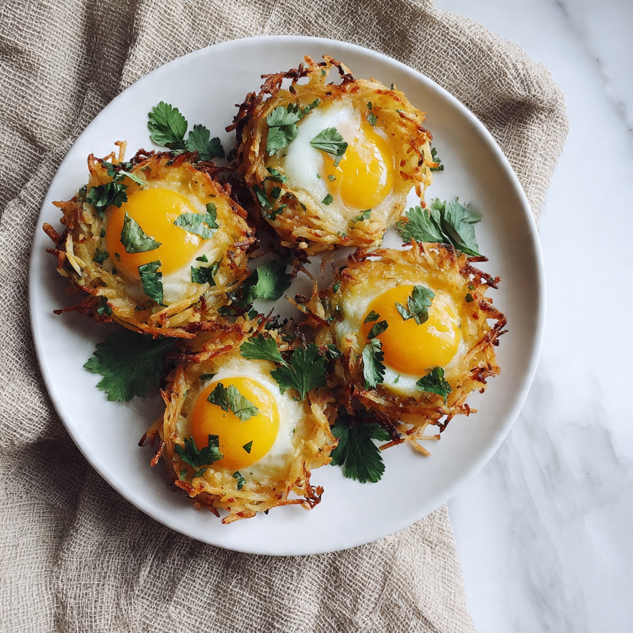 Five round, golden brown potato nests with a crispy texture on the edges are placed on a white plate. Each nest is topped with a layer of melted, bright yellow cheese that looks soft and slightly bubbly. Small bits of fresh green herbs are sprinkled on top, adding a touch of color. The plate is on a piece of coarse light brown cloth, and the background shows a white marbled surface. photo taken with an iphone --ar 4:5 --v 7