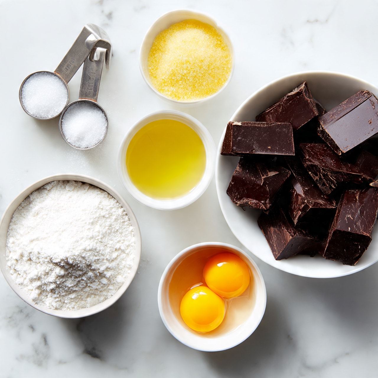 The image shows six small white dishes and measuring cups arranged on a white marbled surface. In the top right, there is a white bowl filled with large, uneven chunks of dark chocolate. To its left, a small white bowl contains a clear yellow liquid. Below that, a metal measuring cup holds a white powdery ingredient, likely flour or sugar. Next to it, another metal measuring cup is filled with a granular white substance. At the bottom right, a small white bowl holds two bright yellow egg yolks. The ingredients look ready to be mixed for baking. photo taken with an iphone --ar 4:5 --v 7