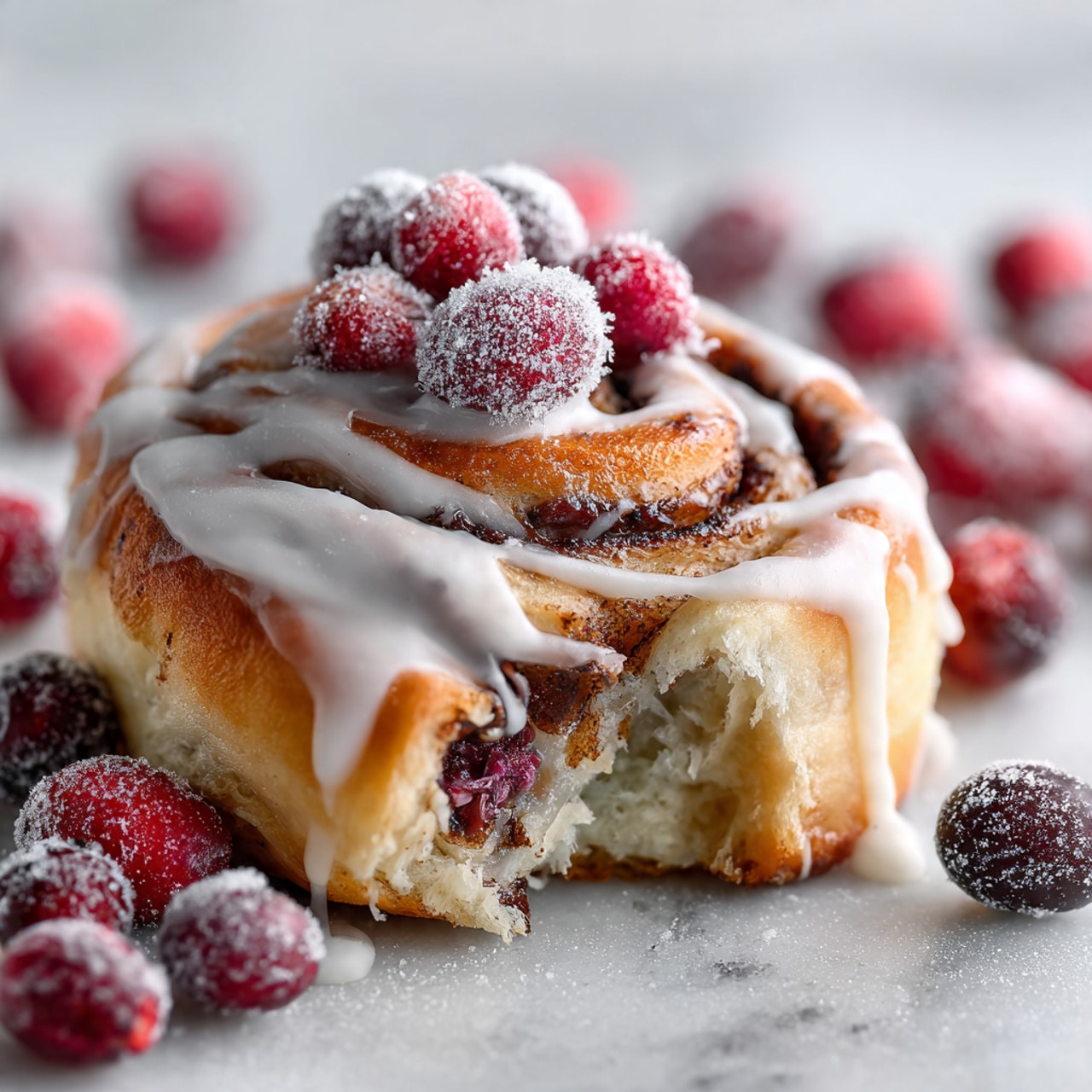 The image shows a close-up of a small round cinnamon roll with a bite taken from the side, revealing its soft light beige dough inside. The top layer is swirled with golden brown cinnamon filling and covered with a smooth white icing that drips slightly onto the white marbled surface below. On top of the icing, there are three bright red frosted cranberries with a sugary texture. Around the cinnamon roll, there are a few more frosted cranberries scattered on the same white marbled texture. Part of another cinnamon roll with similar layers of dough, cinnamon, icing, and frosted cranberries is visible at the bottom of the frame. Photo taken with an iphone --ar 4:5 --v 7