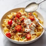 Turkish Pasta with Garlicky Yogurt, Spiced Ground Beef, and Chili Butter Drizzle Recipe