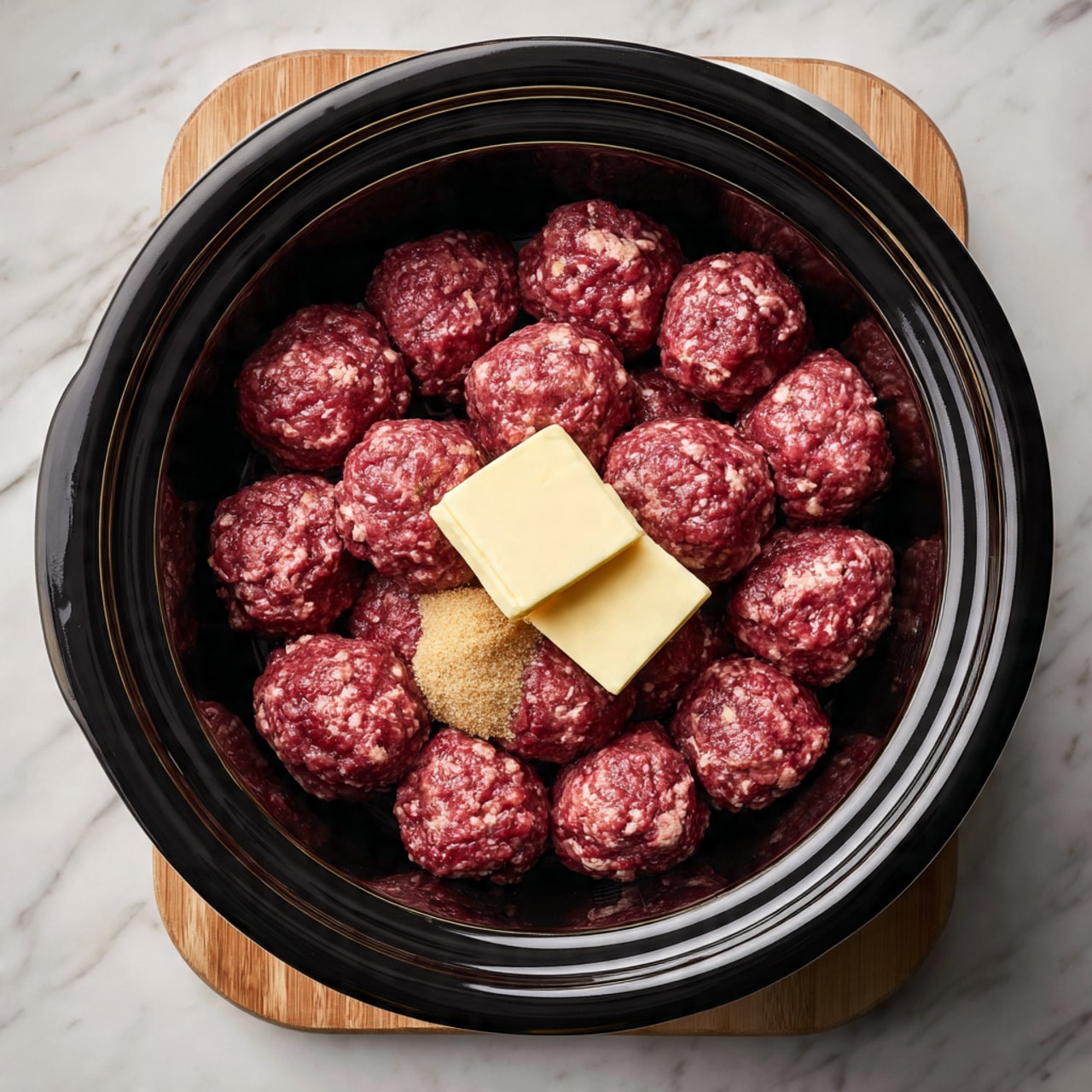 The image shows a black slow cooker filled with two layers of light brown, round meatballs tightly packed together. On top of the meatballs, there are two square yellow pats of butter and a small pile of light brown sugar centered between them. The slow cooker sits on a wooden surface but the background is changed to a white marbled texture. Photo taken with an iphone --ar 4:5 --v 7