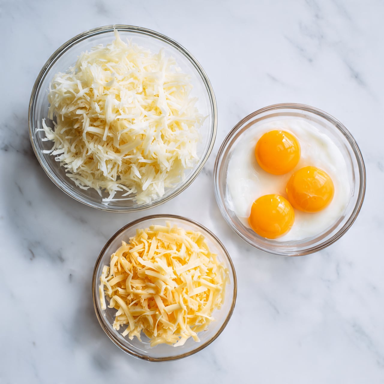 The image shows three clear glass bowls on a white marbled surface. The largest bowl on the left is filled with light beige shredded potatoes. The medium bowl on the right holds six raw eggs with bright orange yolks surrounded by clear egg whites. The smallest bowl, placed above the others, contains shredded cheese with a yellow and white color mix. Photo taken with an iphone --ar 4:5 --v 7