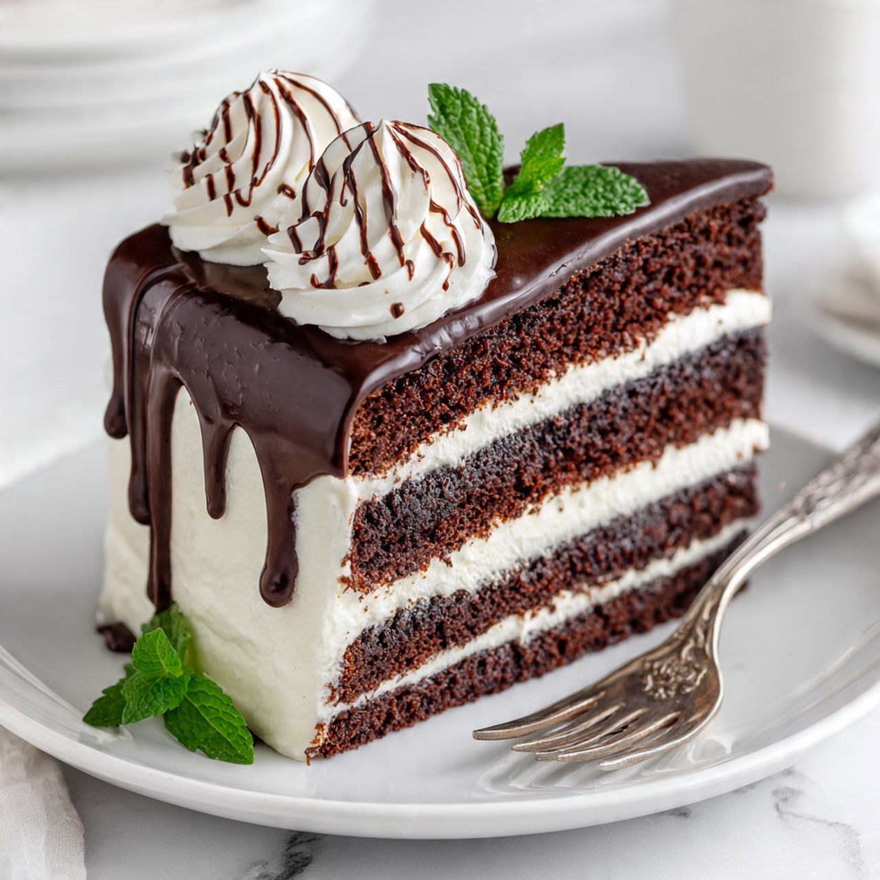 A slice of layered chocolate cake on a white plate sits on a white marbled surface. The cake has five layers: three dark chocolate sponge layers alternating with two thick cream layers. The entire slice is covered in shiny dark chocolate ganache that drips smoothly down the sides. On top, three swirls of white whipped cream are decorated with thin lines of dark chocolate. A small green mint leaf peeks out between the whipped cream swirls. A silver fork rests beside the slice on the plate. Photo taken with an iphone --ar 4:5 --v 7