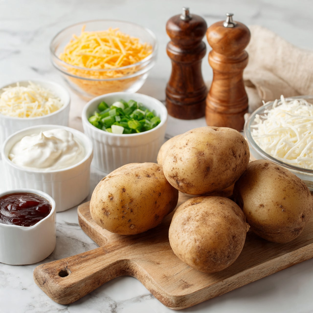 The image shows four large brown potatoes with rough skin placed on a small wooden board with a handle in the center. To the right of the board is a clear plastic container holding raw pink chicken thighs. Above these items are five small white dishes in a row; from left to right, the first dish contains off-white powder, the second holds white sour cream, the third has chopped green onions, the fourth is filled with dark red barbecue sauce, and the fifth contains shredded orange cheddar cheese. On the far left side, there are two wooden salt and pepper grinders. The surface beneath everything is a white marbled texture. photo taken with an iphone --ar 4:5 --v 7