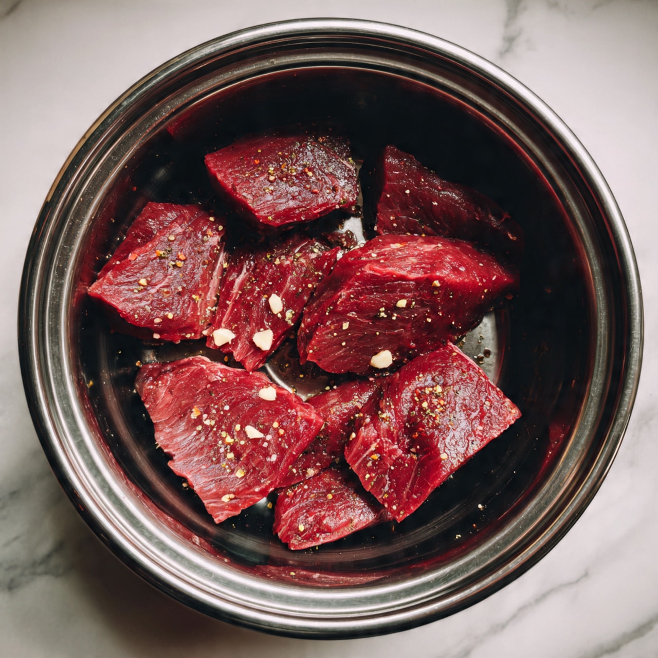 The image shows four pieces of seasoned raw meat inside a shiny silver cooking pot with a black rim. The meat is red with patches of spices and small bits of garlic or ginger scattered on top, giving a textured look to the surface. The pieces are arranged closely together, filling the pot and slightly overlapping. The background is a white marbled texture. photo taken with an iphone --ar 4:5 --v 7