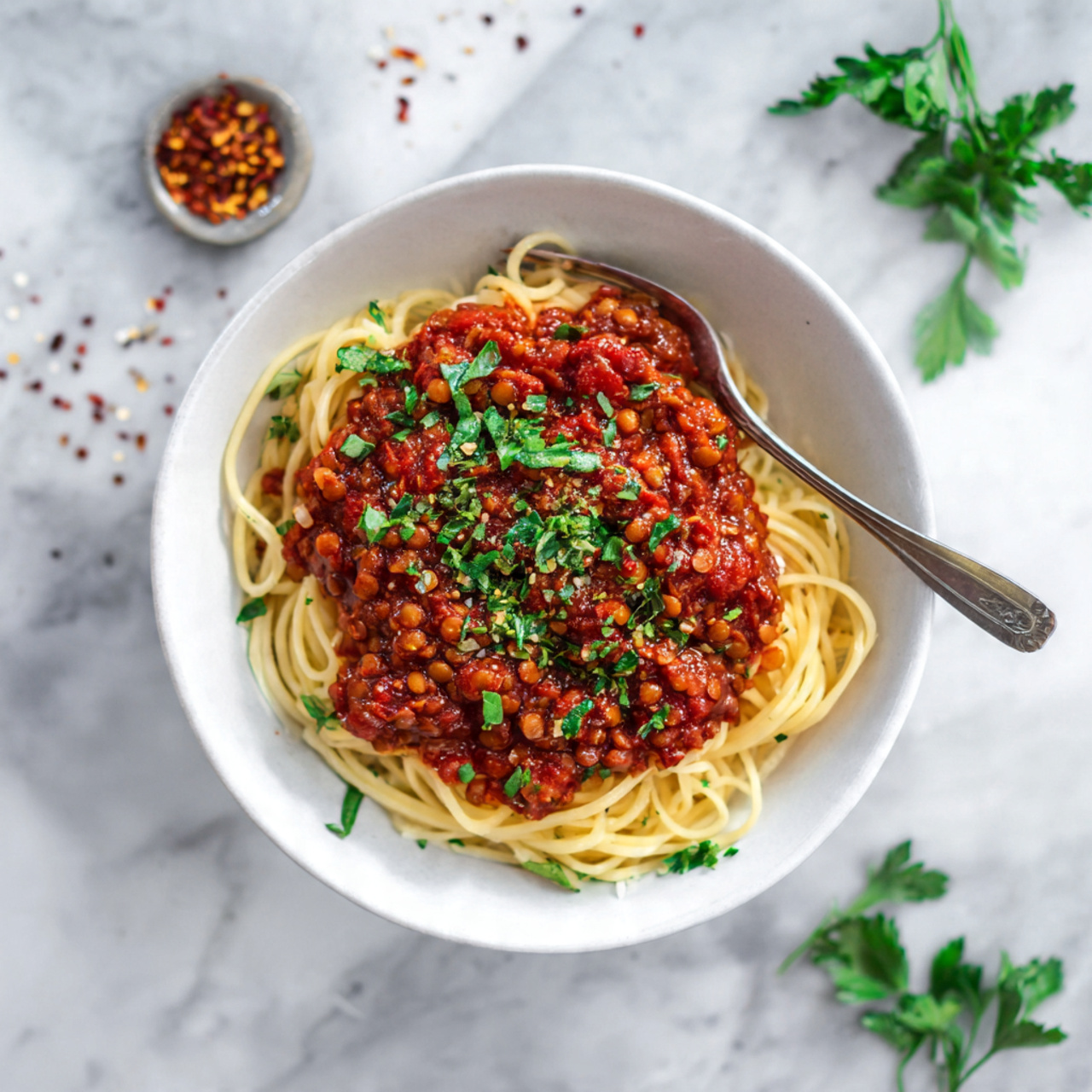 A white bowl filled with spaghetti topped with a thick red tomato and lentil sauce that has visible chunks of tomatoes and lentils, sprinkled with fresh green chopped herbs. A silver fork is placed inside the bowl on the right side. In the background, there is another white bowl with more of the sauce, and a smaller white dish with red chili flakes, all placed on a white marbled surface with some scattered green herbs. photo taken with an iphone --ar 4:5 --v 7