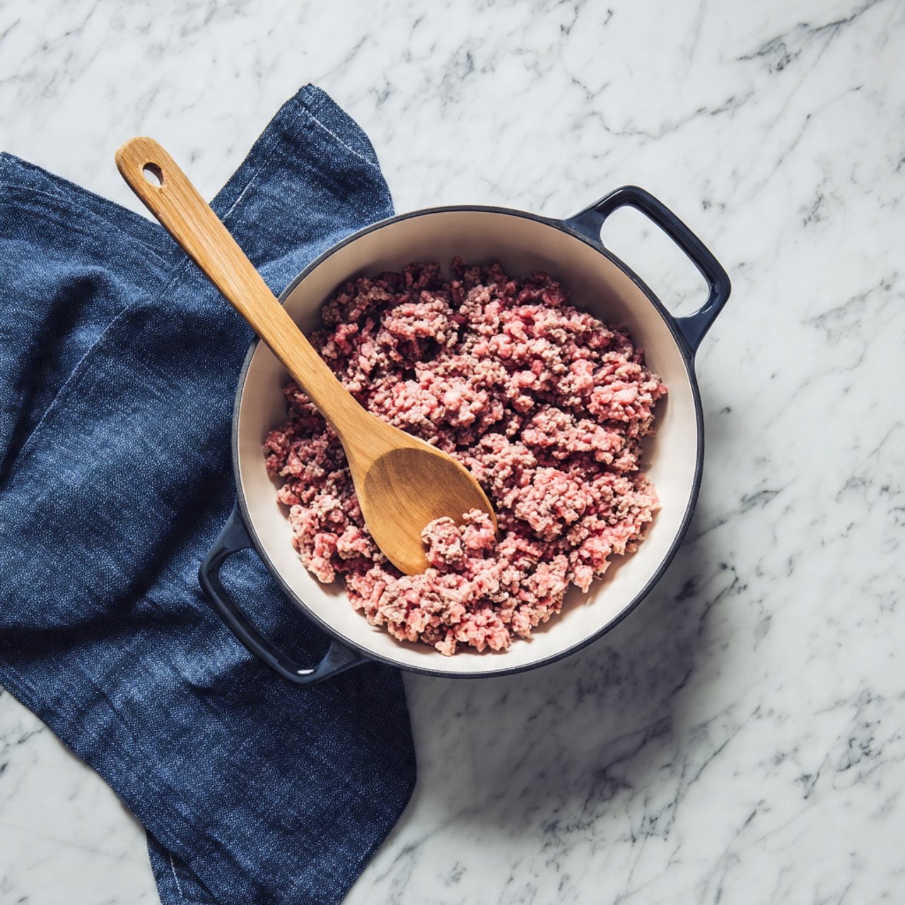 A white pan with black handles contains raw and cooked ground meat pieces spread unevenly inside. The meat shows two colors: pinkish red for raw parts and brown for the cooked parts, with a slight texture difference. A wooden spoon rests inside the pan, angled diagonally from the upper middle left side toward the center. The pan is set on a white marbled surface with a dark blue cloth partially visible under its right side. photo taken with an iphone --ar 4:5 --v 7