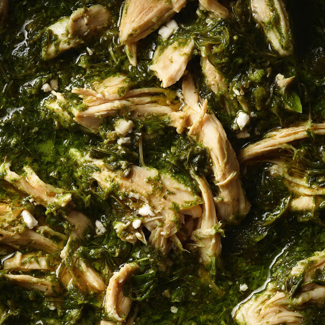 A close-up of a dark pan filled with shredded light beige chicken mixed with a thick green sauce that looks chunky and moist, spread evenly across the whole pan. The textures show small bits of chicken wings and smooth green sauce with some white pieces scattered throughout. The background has a white marbled texture. photo taken with an iphone --ar 4:5 --v 7