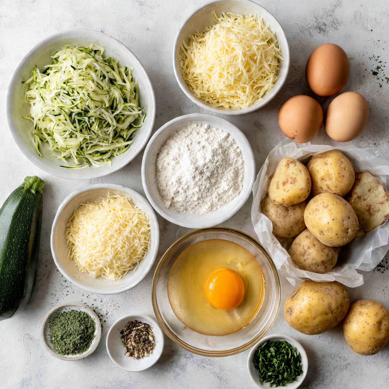 The image shows a white marble surface with several white bowls and small clear glass dishes containing ingredients. At the top left, a white bowl is filled with shredded green zucchini, topped with a whole zucchini. To the right, another white bowl contains shredded pale yellow potato with two whole potatoes resting on top. In the center, a small clear glass bowl holds one cracked raw egg with a bright yellow yolk. Around this, there are two brown eggs placed directly on the surface. Other small white and glass dishes contain light beige flour, grated cheese, salt, black pepper, yeast, and chopped green herbs. A medium white bowl at the bottom right is filled with a larger amount of beige flour or semolina. The composition is neat and bright, showing the fresh ingredients clearly. Photo taken with an iphone --ar 4:5 --v 7