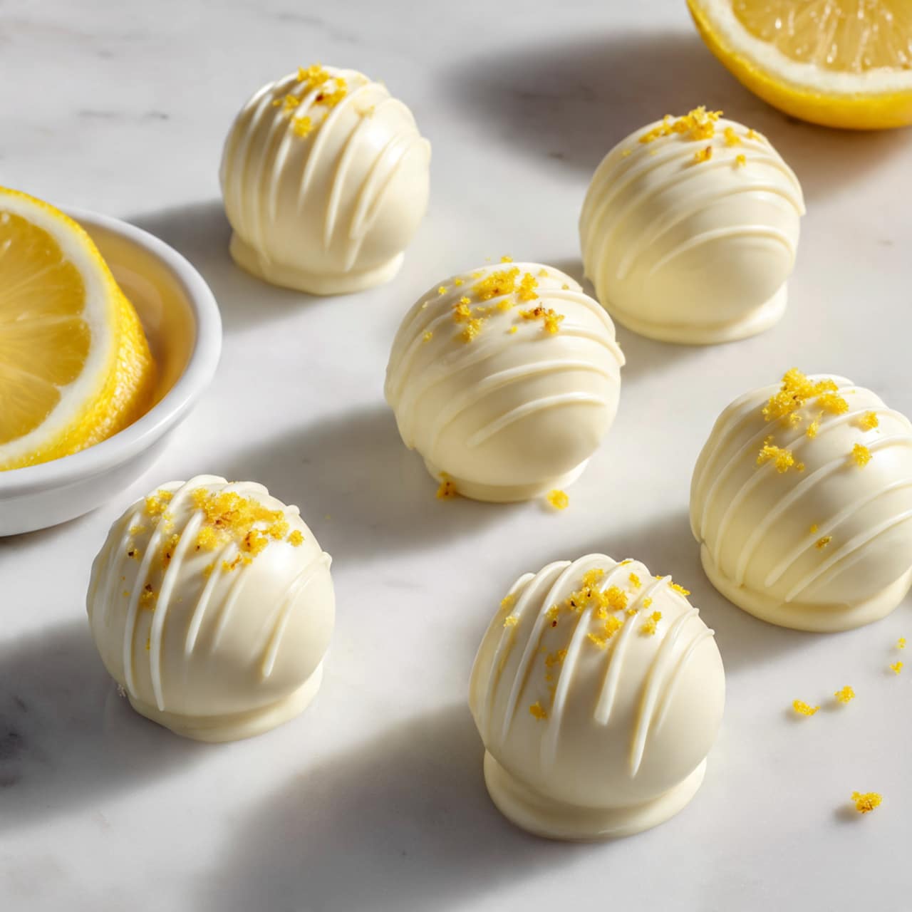 Several round white chocolate balls are placed on a white marbled surface. Each ball is smooth with light ridges running diagonally on top, and some have small yellow crumbs sprinkled over them. The balls are arranged randomly but spaced out enough to see each one clearly. In the bottom part of the image, there is a small white dish holding a lemon wedge with a yellow peel and juicy inside. The overall look is clean and bright. photo taken with an iphone --ar 4:5 --v 7