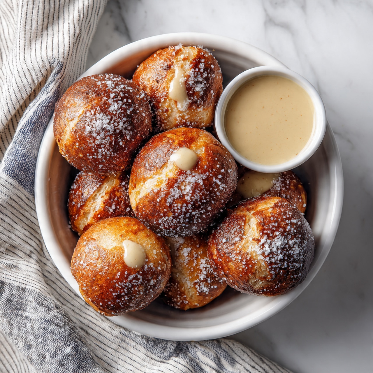 A white rectangular baking dish filled with many small, golden-brown pretzel bites that have a slightly shiny surface and some coarse salt sprinkled on top, arranged close together covering the entire dish. In the lower left corner, there is a small black round bowl filled with thick, creamy, bright yellow cheese sauce. The background is a white marbled texture. Photo taken with an iphone --ar 4:5 --v 7