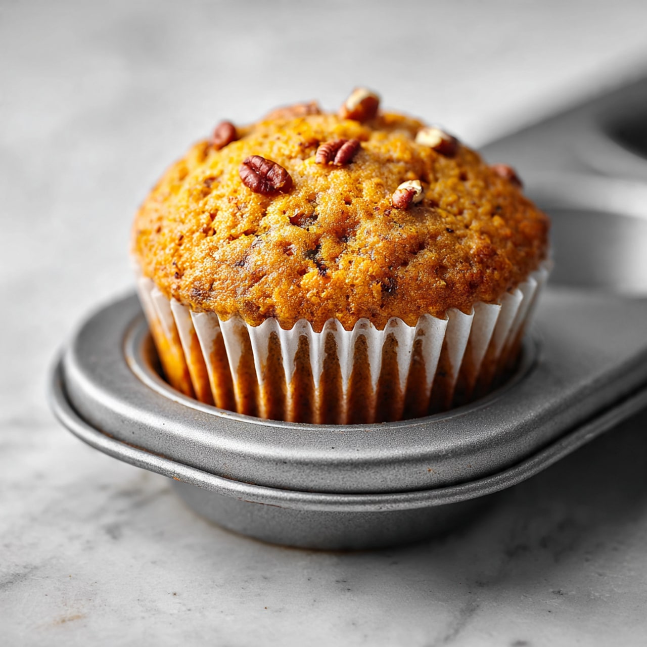 A close-up of a freshly baked muffin in a silver muffin tray cup, with a rough, golden-brown textured top dotted with small chunks of red pecans and light brown nut pieces all around. The muffin liner is white and neatly ruffled around the edges. The metal tray has a smooth, slightly worn look, visible around the muffin edges. The background is a white marbled surface. photo taken with an iphone --ar 4:5 --v 7