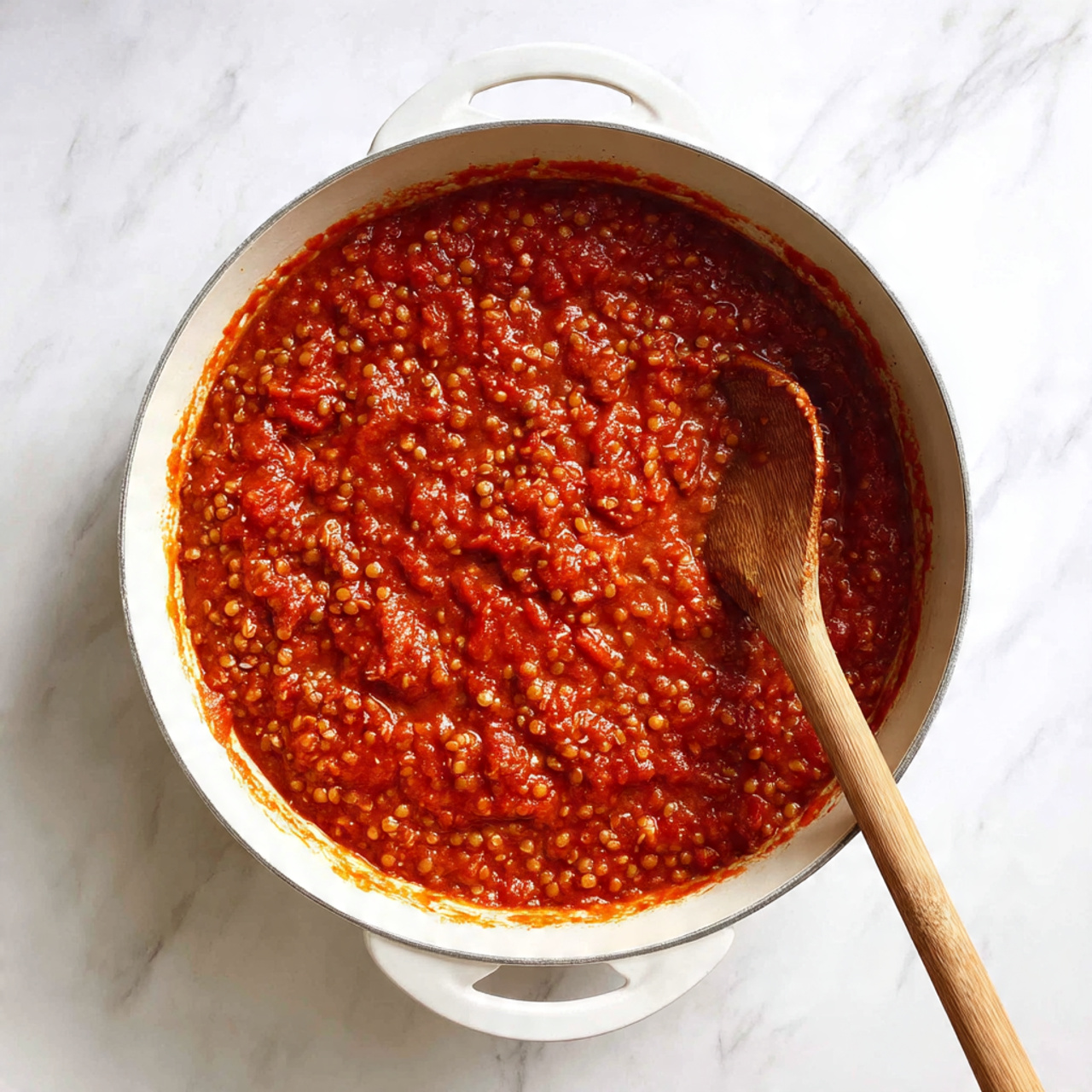 A white pan with a wooden handle is filled with thick, rich stew made from lentils and small pieces of tomatoes. The stew has a deep red color with visible chunks of soft vegetables mixed evenly throughout. A wooden spoon is placed inside the pan, touching the thick stew, giving a sense of warmth and homeliness. The pan rests on a white marbled surface, creating a clean and simple background. photo taken with an iphone --ar 4:5 --v 7