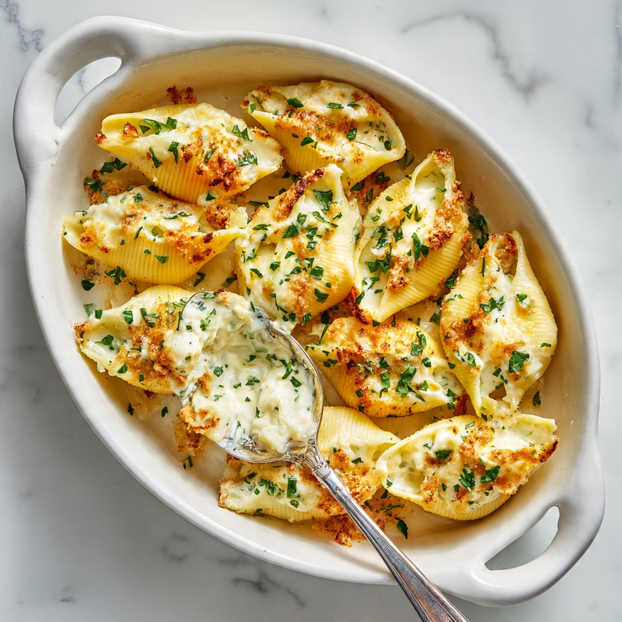This image shows a close-up of creamy stuffed pasta shells in a white baking dish. Each large shell is filled with a light golden mixture, topped with melted white cheese that looks smooth and slightly bubbly. Small bits of browned crumbs and chopped green herbs are sprinkled on top, adding texture and color. A silver spoon lifts one stuffed shell, highlighting the creamy cheese filling inside. The white marbled surface underneath frames the dish softly. photo taken with an iphone --ar 4:5 --v 7
