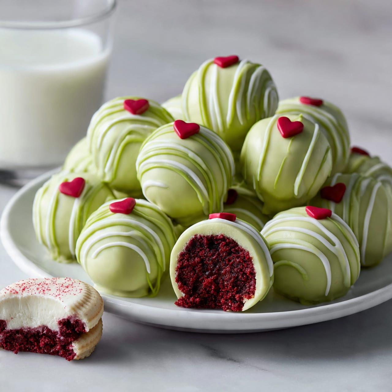 A white round plate holds about three dozen red velvet cake balls. Each cake ball is covered in smooth light green coating with a drizzle of a slightly darker green layer creating curved lines over the top. On each cake ball’s center top sits a small red heart decoration. Two cake balls are shown with bites taken, revealing a rich, dense, soft deep red inside covered in the green coating. In the background, part of a glass of milk and a broken red velvet sandwich cookie filled with white cream are visible on a white marbled surface. photo taken with an iphone --ar 4:5 --v 7