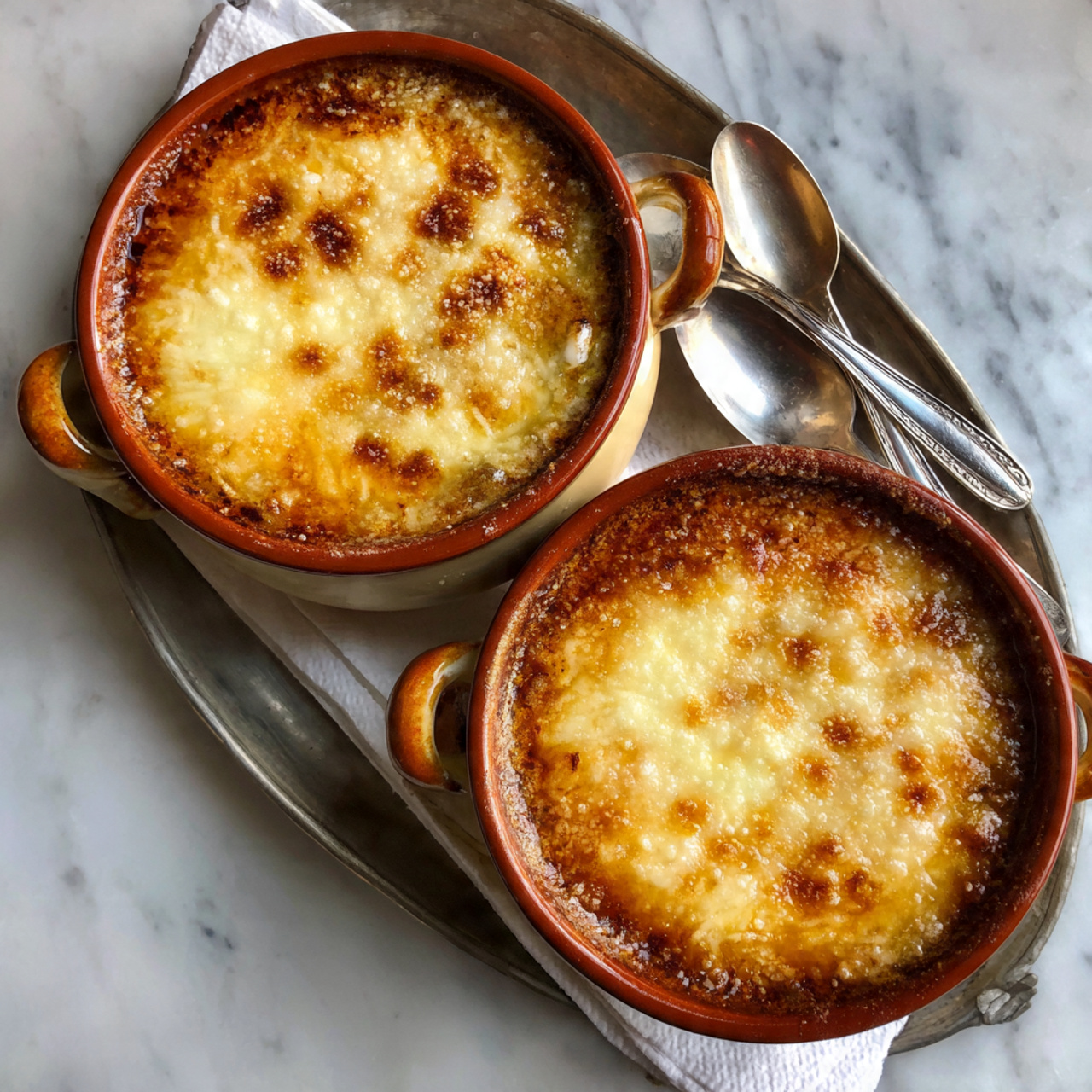 Two round, deep white ceramic bowls with a shiny dark brown outer glaze hold a creamy dish with a golden, bubbly top layer of melted cheese. The cheese layer is the top one, slightly browned and melted unevenly, with tiny crispy edges where it spills slightly over the bowl rims. The bowls sit on a metallic ridged tray on top of a white marbled surface. Near the bowls, three shiny metal spoons are placed together on the surface. Photo taken with an iphone --ar 4:5 --v 7