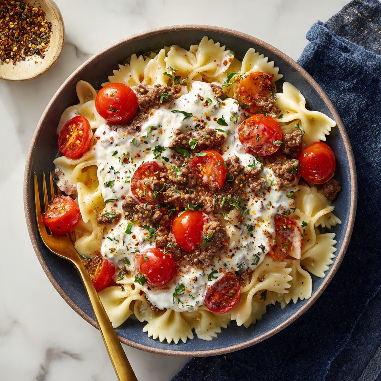 A white bowl filled with layers of cooked bowtie pasta at the bottom, topped with a creamy white sauce spread unevenly, then a layer of cooked ground meat mixed with diced onions in the center, sprinkled with black pepper and dried herbs all over. On top, there are halved bright red cherry tomatoes arranged neatly across the meat, adding a pop of color. A silver fork with a white handle rests inside the bowl on the left side. The bowl is placed on a white marbled surface with a dark blue napkin partially visible beneath it. Photo taken with an iphone --ar 4:5 --v 7