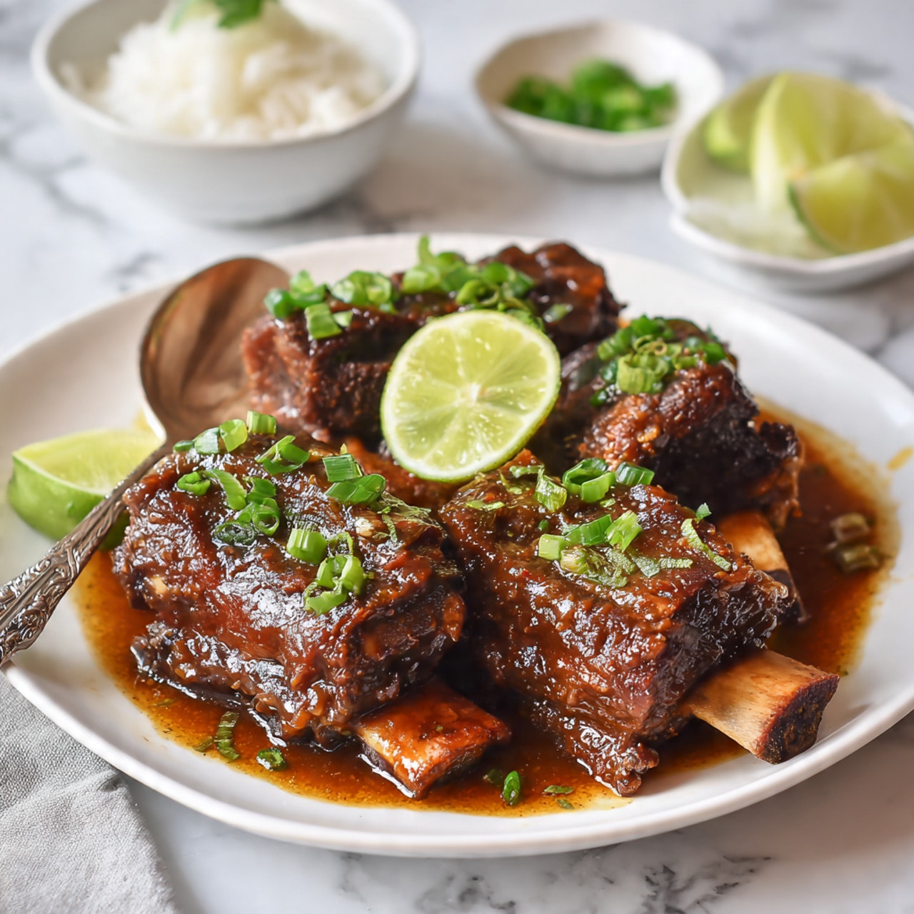 A white plate holds five large pieces of dark brown braised meat ribs with visible bones, each coated in a glossy reddish-brown sauce. The ribs are arranged close together, and three bright green slices of lime rest on top in the center. Small pieces of chopped green onions are sprinkled over the ribs, adding a fresh contrast of color. A silver spoon lies next to the ribs on the plate, partly covered by the sauce. The plate sits on a white marbled surface, with parts of bowls and bottles containing green onions, lime slices, rice, and sesame seeds visible around the edges. Photo taken with an iphone --ar 4:5 --v 7