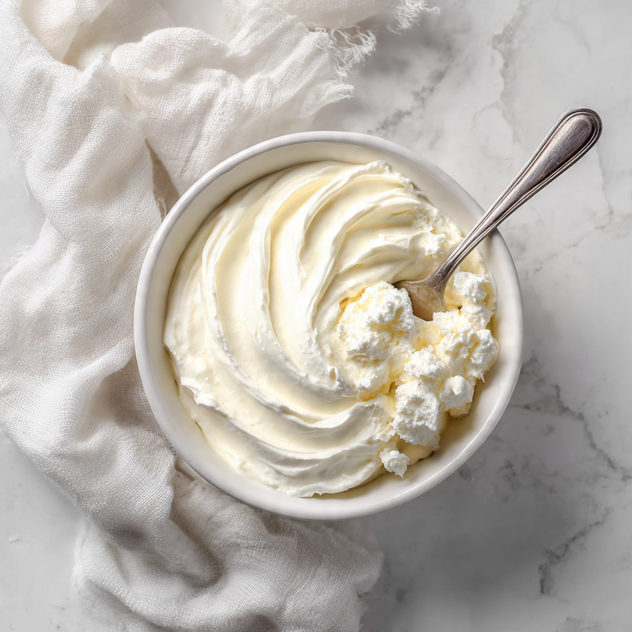 A white bowl filled with two different white creamy textures; one side is smooth and soft while the other side is crumbly and thick. A silver spoon with a shiny surface is placed inside the bowl, scooping some of the creamy mixture. Next to the bowl on the right, there is a white piping bag filled with a similar white creamy mixture, resting on a white marbled surface. A white cloth is loosely placed on the left side under the bowl. The background shows a plain white marbled texture. photo taken with an iphone --ar 4:5 --v 7