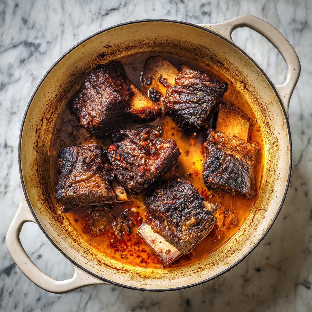 Inside a white pot with two handles, there are five browned beef pieces with a rich, dark crust and charred edges. The beef pieces vary in size, arranged scattered with juices and brown bits coating the pot's base. The color palette shows dark brown meat against the creamy white pot interior, all set on a white marbled surface. photo taken with an iphone --ar 4:5 --v 7