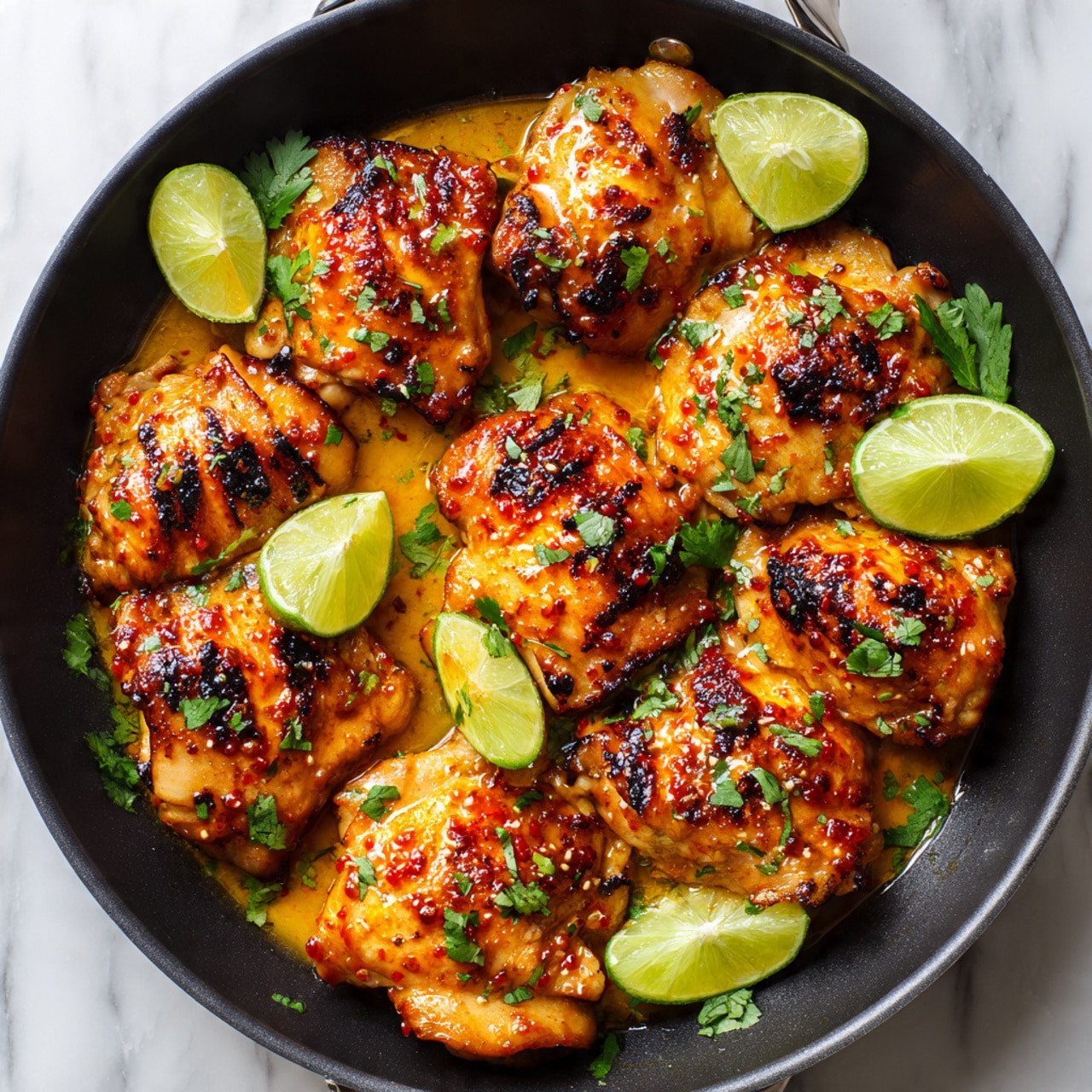 The image shows a black pan filled with several pieces of cooked chicken thighs that are golden brown with a slightly crispy texture and some darker grill marks. The chicken pieces have a rich orange glaze that makes them look juicy and flavorful. Bright green lime slices are placed around the chicken, adding a fresh contrast, and some fresh green cilantro leaves are scattered on top for garnish. The pan rests on a white marbled surface, giving a clean and elegant look to the whole scene. photo taken with an iphone --ar 4:5 --v 7