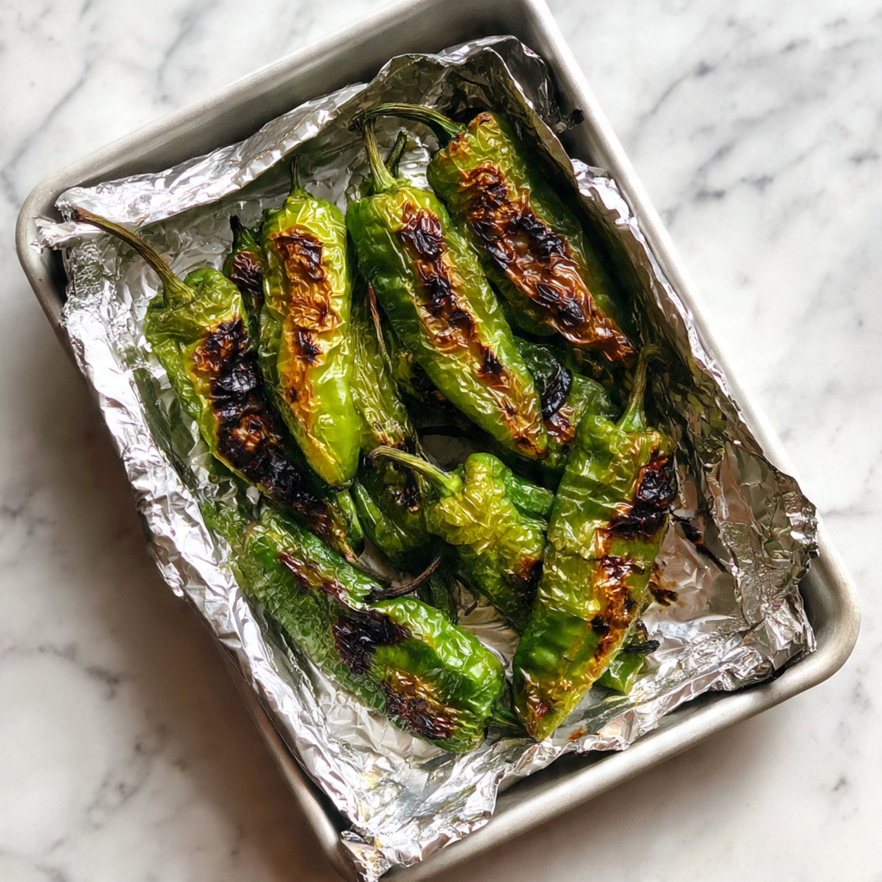 The image shows four roasted green peppers placed on a white baking tray covered with aluminum foil. Each pepper has a dark, wrinkled, and slightly charred skin with patches of deep brown and black indicating they have been roasted well. The peppers maintain their green color under the charred parts, and their stems are intact, adding a touch of green. The background is a white marbled surface. Photo taken with an iphone --ar 4:5 --v 7