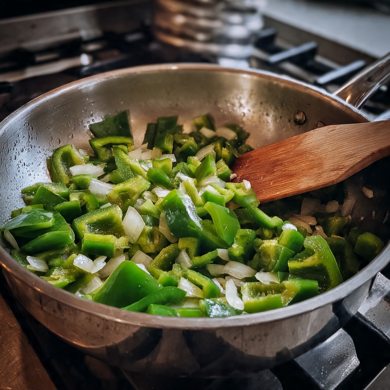A close-up image shows a stainless steel pan on an electric stove with small pieces of green bell pepper and chopped onions scattered inside. A woman's hand is holding a wooden spatula, stirring the vegetables in the middle of the pan. The colors are bright green and white with a touch of red from the onions, contrasting against the shiny silver pan. The background is a white marbled surface. photo taken with an iphone --ar 4:5 --v 7