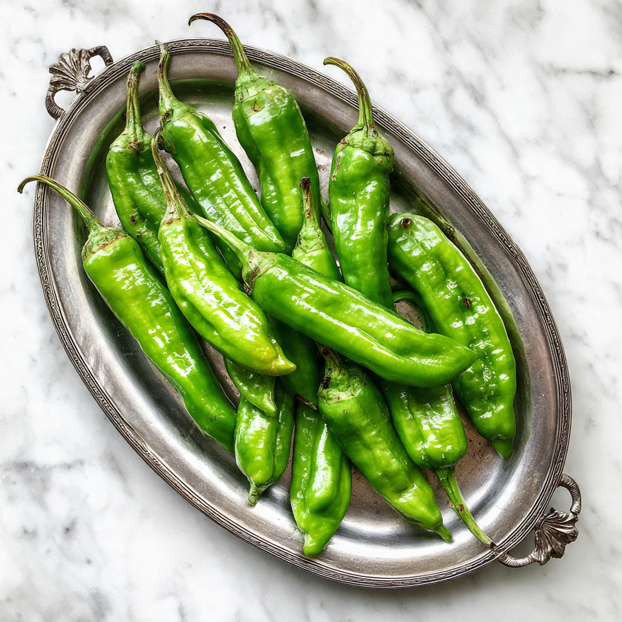 A silver metal tray holds around fifteen bright green peppers, each with a shiny, smooth texture. The peppers are long and slightly curved, with some showing slight wrinkles and small brown spots. They are scattered neatly across the tray, all facing different directions, with their stems attached, creating a natural, fresh look. The tray rests on a surface with a white marbled texture, adding a clean, soft contrast to the vibrant green peppers. photo taken with an iphone --ar 4:5 --v 7