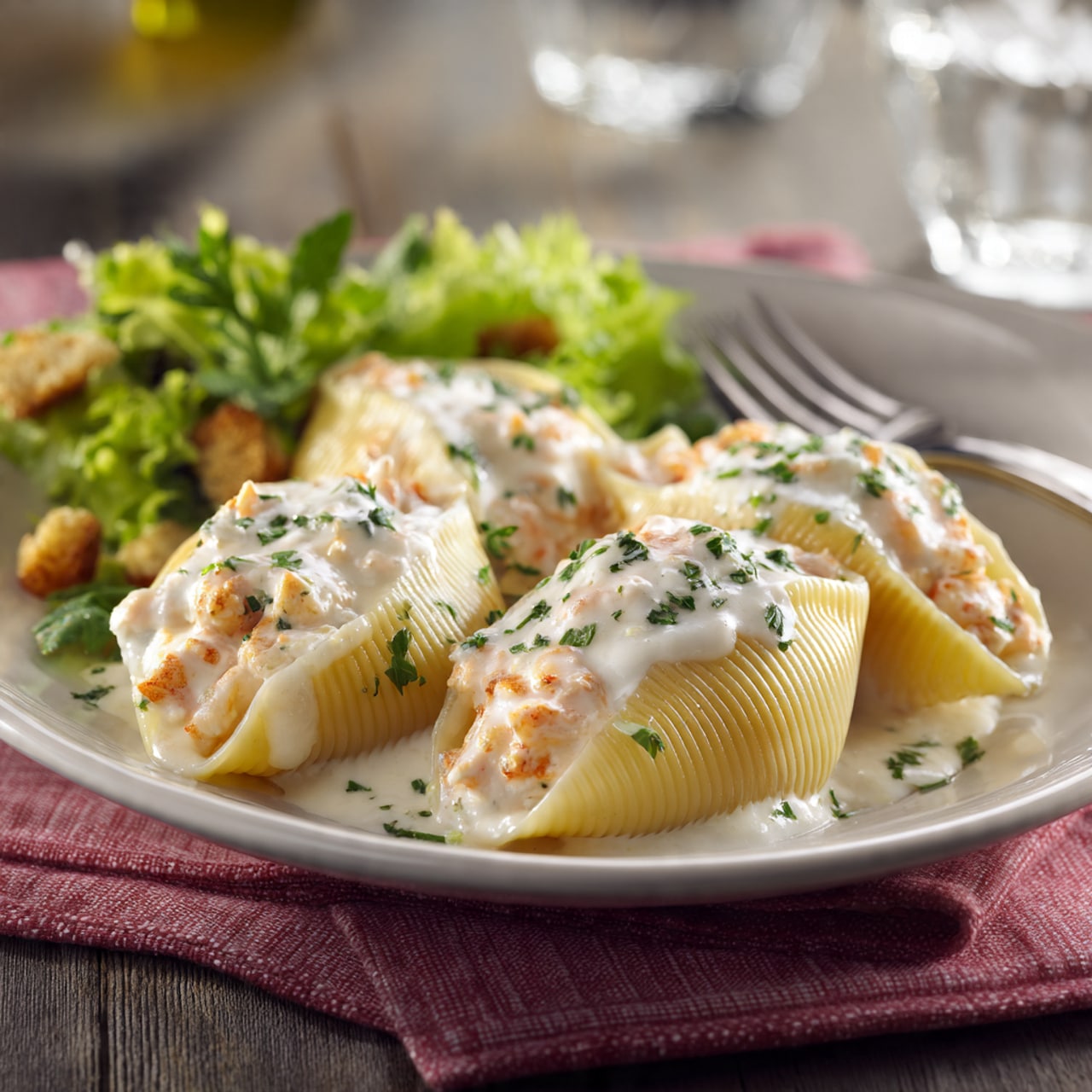 The image shows four large pasta shells filled with a creamy, light brown filling, topped with a smooth white sauce and sprinkled with small green herb bits. The shells rest on a round white plate, each shell slightly open to reveal the filling's soft, crumbly texture. On the back side of the plate, there is a small side salad made of green lettuce with some crunchy light brown croutons scattered around. The plate sits on a white marbled surface with a pink cloth underneath, and a silver fork is placed behind the shells on the left side. A glass of water is partially visible at the top left corner. Photo taken with an iphone --ar 4:5 --v 7