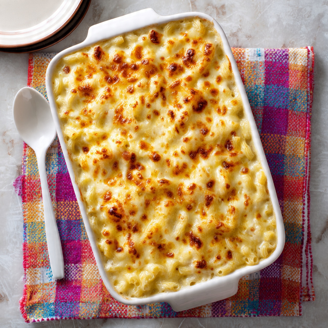 A rectangular white baking dish filled with baked macaroni and cheese that has a golden brown top layer of melted cheese with small browned spots. The macaroni under the cheese layer is pale yellow, showing through slightly around the edges. The dish sits on a white marbled surface next to a white spoon resting on a colorful checked cloth with red, orange, purple, green, blue, and white squares. To the left of the dish is a round white plate with a dark interior. photo taken with an iphone --ar 4:5 --v 7