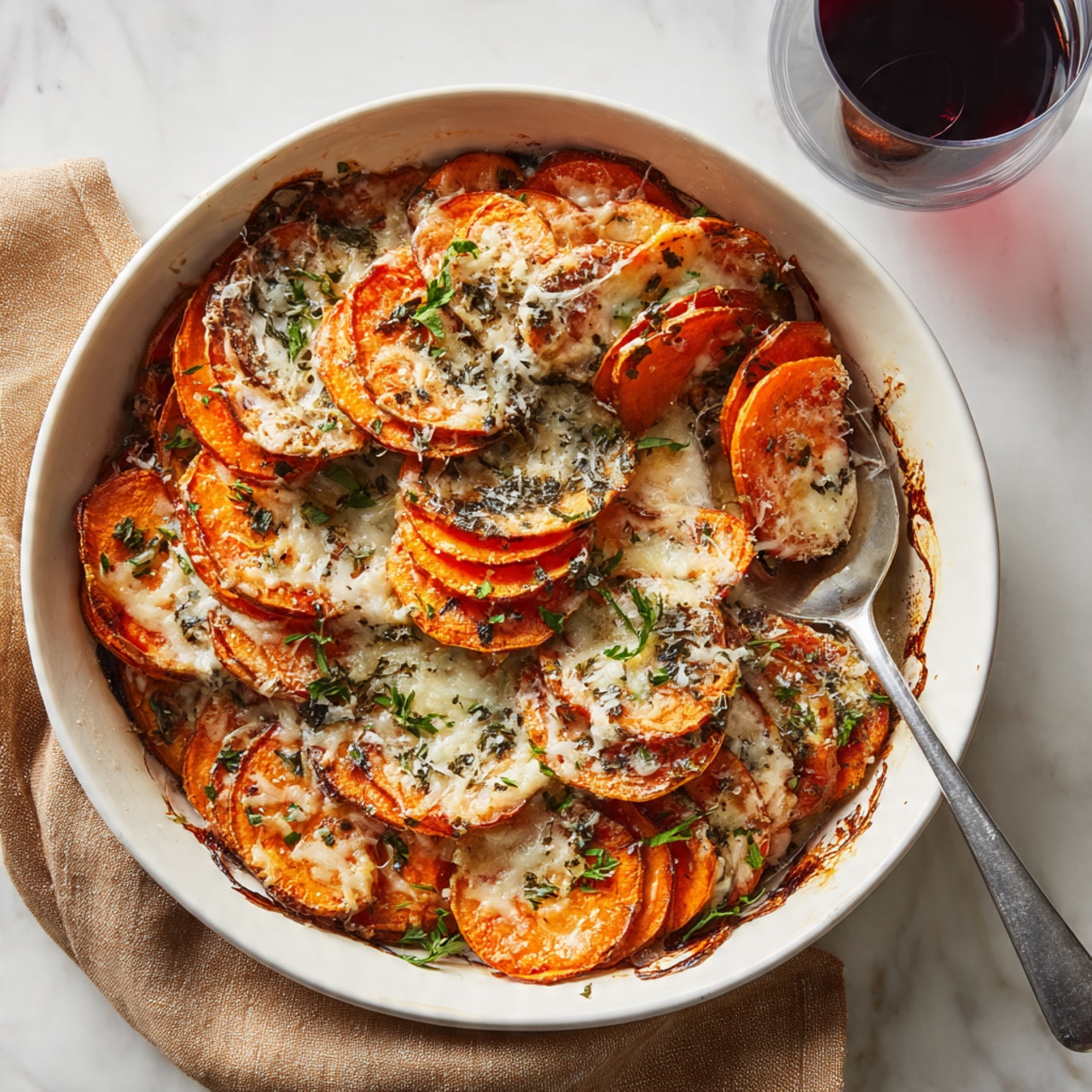 A baked dish in a white round pie dish showing several layers of thinly sliced orange sweet potatoes arranged in overlapping circles. The top layer is covered with melted, slightly browned cheese that creates a creamy, uneven texture. Scattered bright green parsley leaves add a fresh touch on top. Some edges of the sweet potatoes are crispy and browned, contrasting with the soft, tender middle slices. A metal spoon rests inside the dish on the right side, partially scooping out some of the layers. The dish sits on a light brown textured cloth, all set on a white marbled surface. In the top right corner, a glass filled with dark red wine is partially visible. Photo taken with an iphone --ar 4:5 --v 7