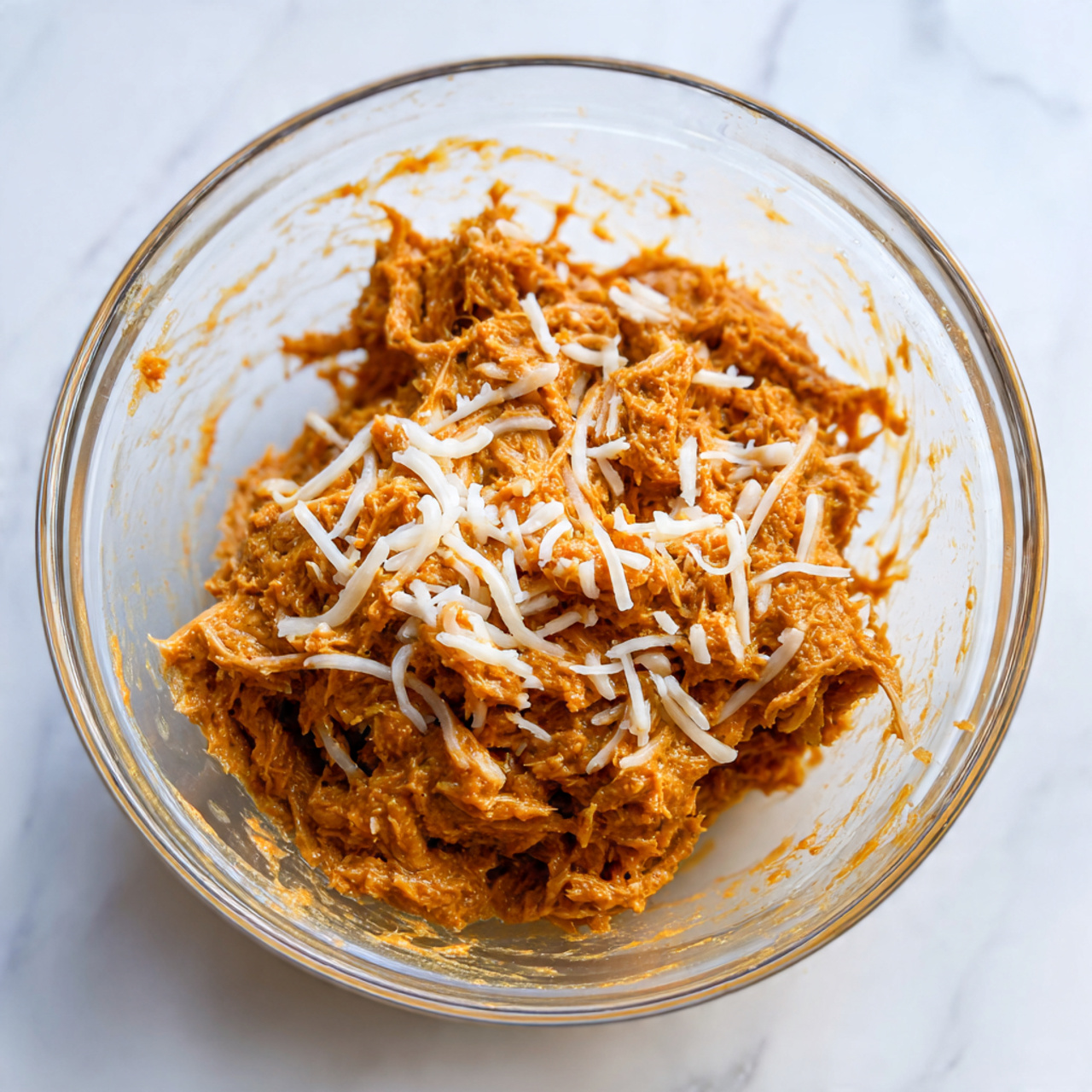 Pupusa Recipe with Curtido and Cheese Recipe 4 A clear glass bowl filled with a thick, reddish-brown mixture that has a rough texture. The mixture is studded with thin, long white cheese strands scattered throughout. The inside of the bowl shows smears of the mixture on the sides, indicating it has been stirred. The bowl is placed on a white marbled surface. photo taken with an iphone --ar 4:5 --v 7