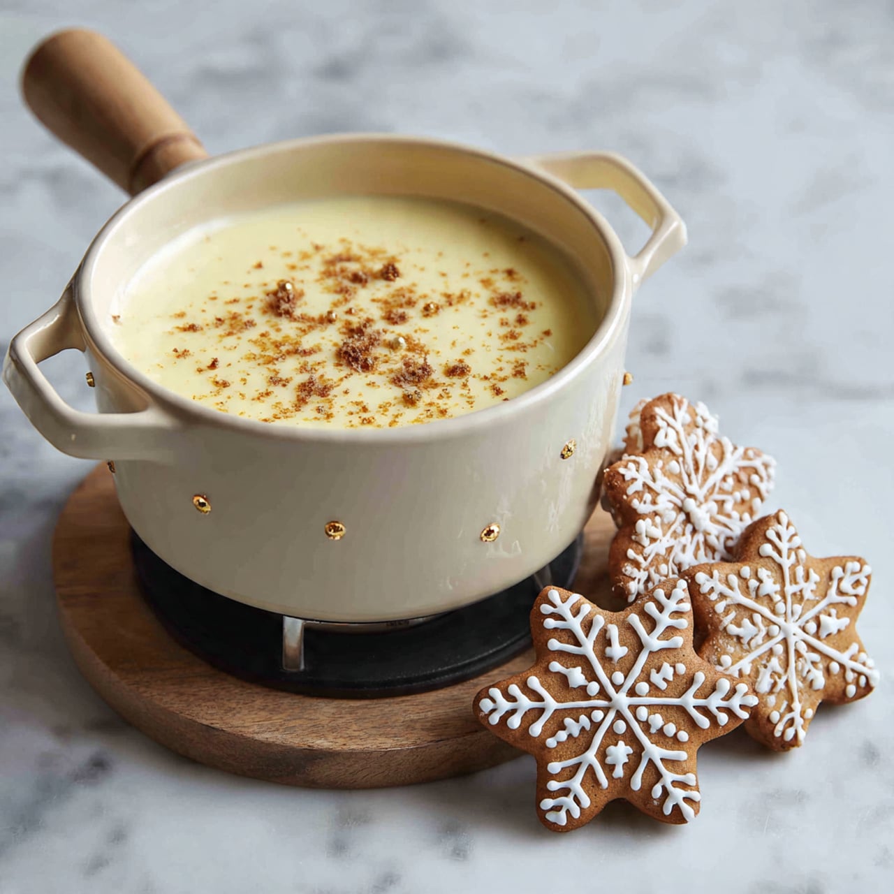 A close-up view of a beige pot filled with a creamy, pale yellow liquid sprinkled with light brown spice on top. The pot sits on a black trivet over a white marbled surface. On the left side of the pot, three brown gingerbread cookies decorated with white icing snowflake patterns lean against the pot's edge, adding festive detail. photo taken with an iphone --ar 4:5 --v 7