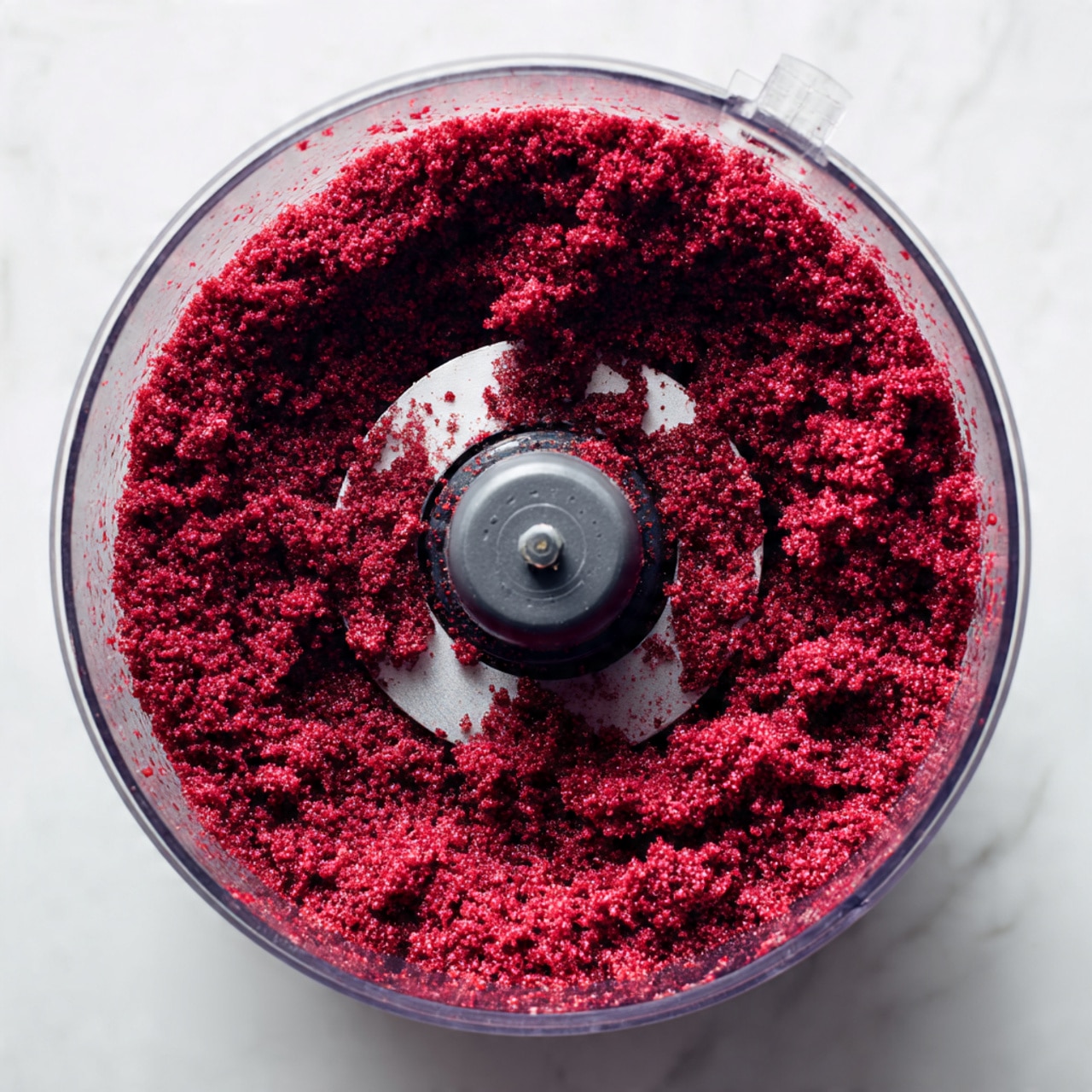A clear food processor bowl sits on a white marbled surface, filled with a deep red, finely ground mixture that has a crumbly texture. The mixture forms an even layer inside the bowl, with small clumps and a slightly uneven surface, showing the mechanical blade at the center. The clear bowl and blade contrast against the vibrant red contents, and a few scattered bits of the red powder cling to the inside edges of the bowl. Photo taken with an iphone --ar 4:5 --v 7
