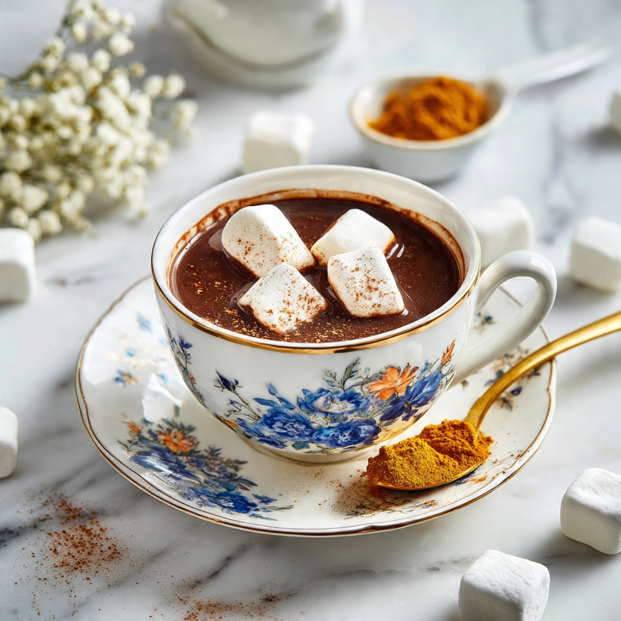 A white marbled surface holds eight bowls arranged neatly. The largest bowl is in the bottom left filled with smooth white cream. To the top left, a medium white bowl contains whipped cream with a fluffy texture and soft peaks. Just above center, a medium white bowl is filled with fine, dark brown powder. Next to it on the right, a small clear bowl holds tiny black seeds. Below these, from left to right, are five small bowls: a clear bowl with dark green powder, a small clear bowl with golden liquid that has a shiny surface, a white bowl with bright yellow powder, a white bowl with light brown powder, and a white bowl with orange-red powder. The bowls stand out clearly against the white marbled background photo taken with an iphone --ar 4:5 --v 7