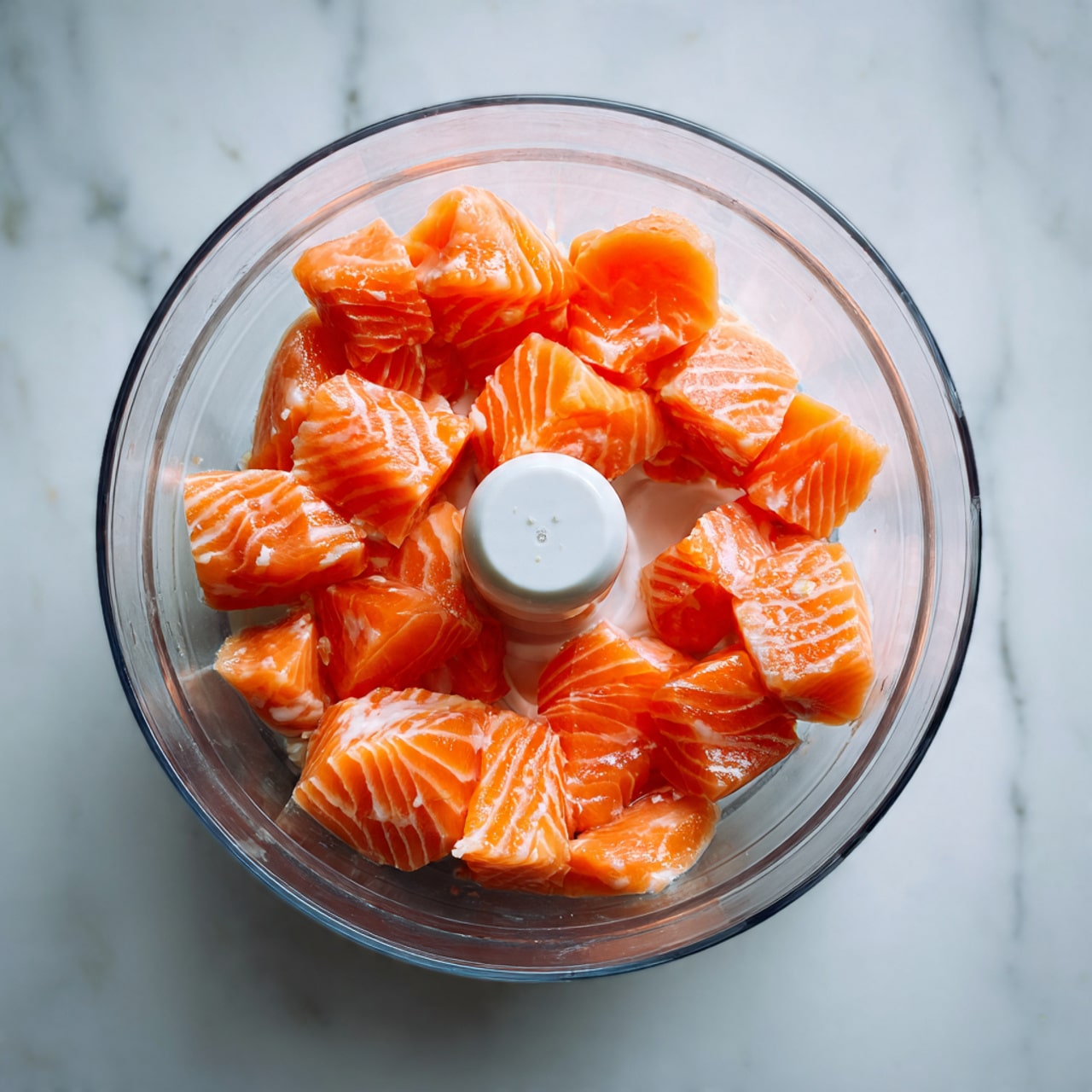 Baked Salmon Meatballs with Creamy Avocado Sauce Recipe 4 The image shows a clear glass bowl filled with about two layers of raw salmon chunks. The salmon pieces are bright orange with some white and gray skin patches, creating a mix of smooth and slightly textured surfaces. The bowl sits on a white marbled surface, and the center of the bowl features a white plastic blender blade assembly. The overall look is fresh and vibrant, highlighting the thick, juicy salmon pieces ready for blending, photo taken with an iphone --ar 4:5 --v 7