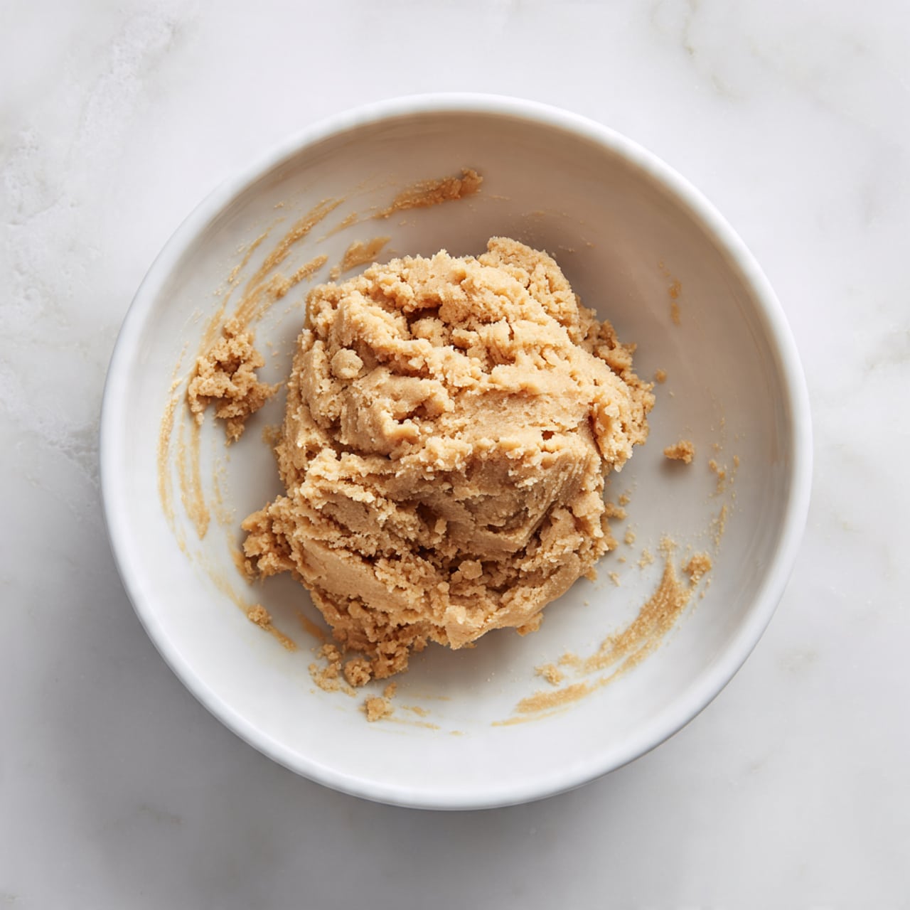 A close-up top view of soft, crumbly brown cookie dough gathered in a small mound in the center of a white bowl. The dough has a rough texture with small clumps and uneven surfaces, showing bits of ingredients mixed in, while the white bowl has some small dough smudges scattered near the edges. The background is a white marbled texture. photo taken with an iphone --ar 4:5 --v 7