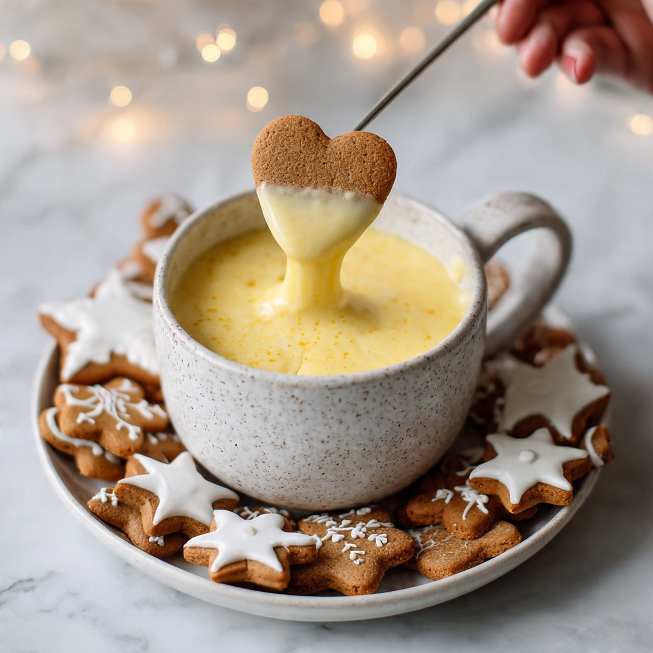 A white speckled cup filled with smooth, creamy yellow cheese fondue sits on a white plate. Around the plate are small brown gingerbread cookies shaped like men and stars, some decorated with white icing dots. A woman's hand holds a metal fork dipping a heart-shaped gingerbread cookie into the fondue, the cheese clinging to the cookie in a thick, smooth layer. The background shows blurred gingerbread figures on a white marbled surface. photo taken with an iphone --ar 4:5 --v 7