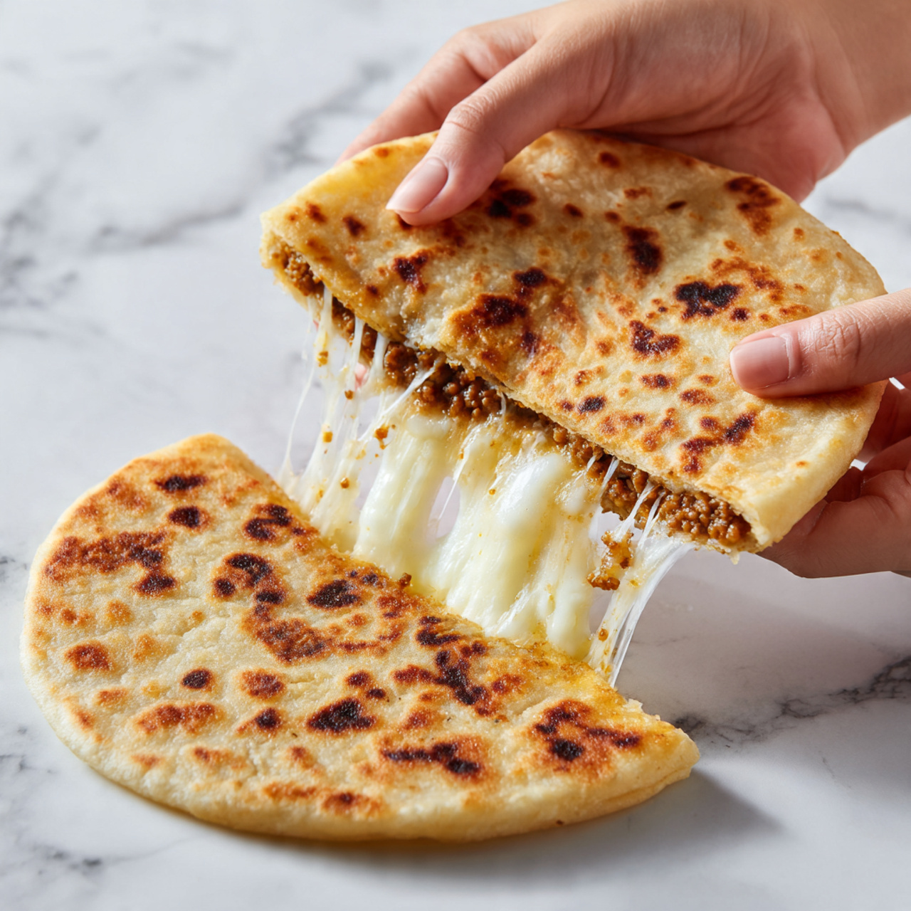 Pupusa Recipe with Curtido and Cheese Recipe 5 Two pieces of golden-brown, toasted flatbread are being pulled apart by two woman's hands, showing a middle layer of melted cheese and a brown filling inside. The flatbread looks soft with slightly crispy spots on the outside, and the cheese is stretching in thin strings between the two pieces. The background is a white marbled surface. photo taken with an iphone --ar 4:5 --v 7