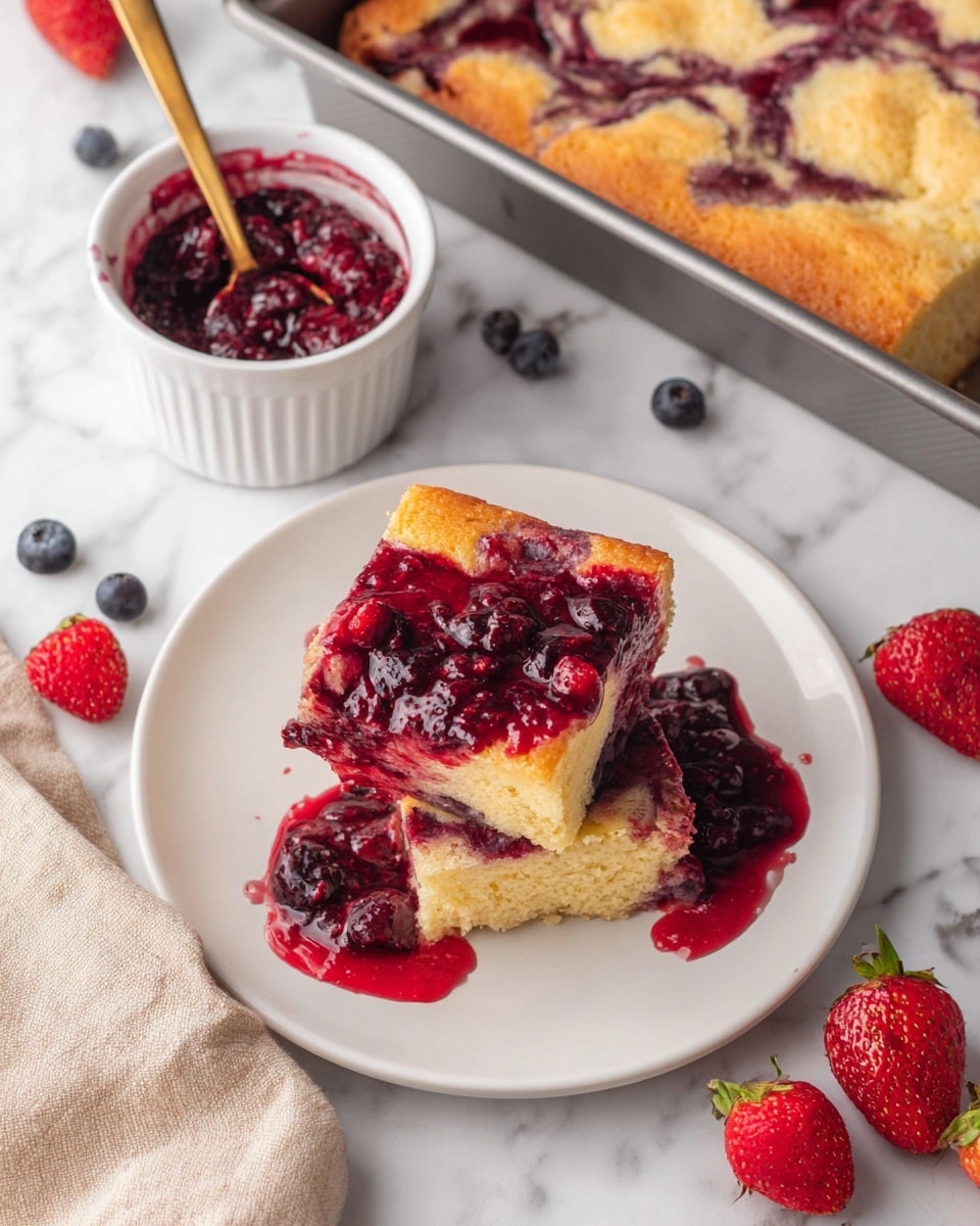 A white plate shows two square pieces of golden-yellow cake with visible berry swirls inside, stacked with the top piece slightly angled. A thick red berry sauce with whole blueberries and raspberries is generously poured over the top cake layer, with some drips on the plate. Next to the plate is a white ramekin filled with more of the chunky berry sauce and a gold spoon inside. The background is a white marbled surface with whole raspberries and a strawberry placed nearby, and a metal baking tray filled with a large baked golden cake with berry swirls is positioned to the right. A soft beige cloth is partially visible at the bottom left corner. Photo taken with an iphone --ar 4:5 --v 7