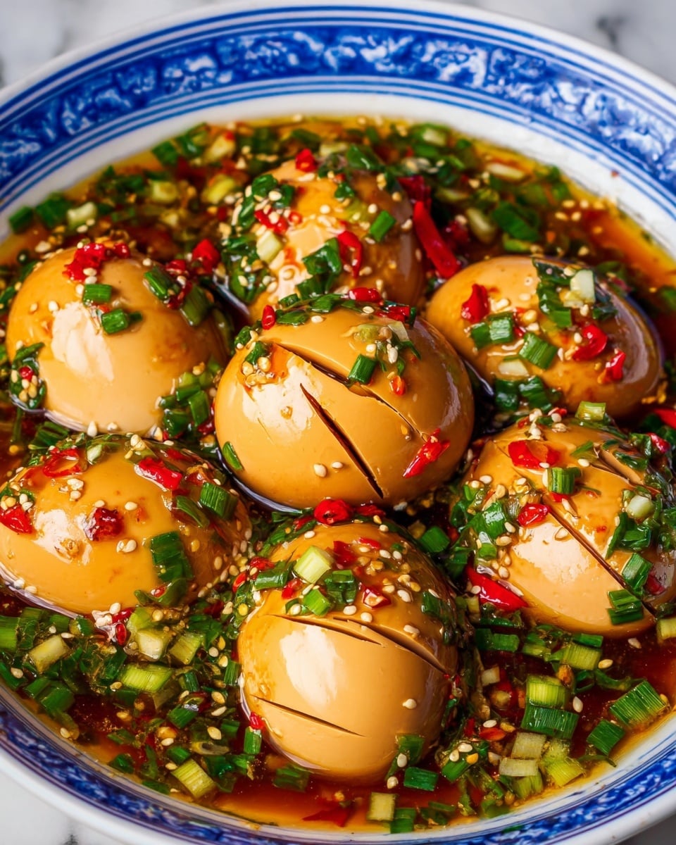 The image shows a close-up of six brown eggs, each with shallow diagonal cuts on the surface, sitting in a clear brown sauce inside a white bowl decorated with blue patterns on the rim. The eggs are surrounded by green chopped scallions, small pieces of garlic, red chili slices, and sprinkled sesame seeds, which float in the glossy sauce. The sauce creates a shiny, slightly oily effect that highlights the fresh and colorful ingredients. The bowl is placed on a white marbled surface. photo taken with an iphone --ar 4:5 --v 7