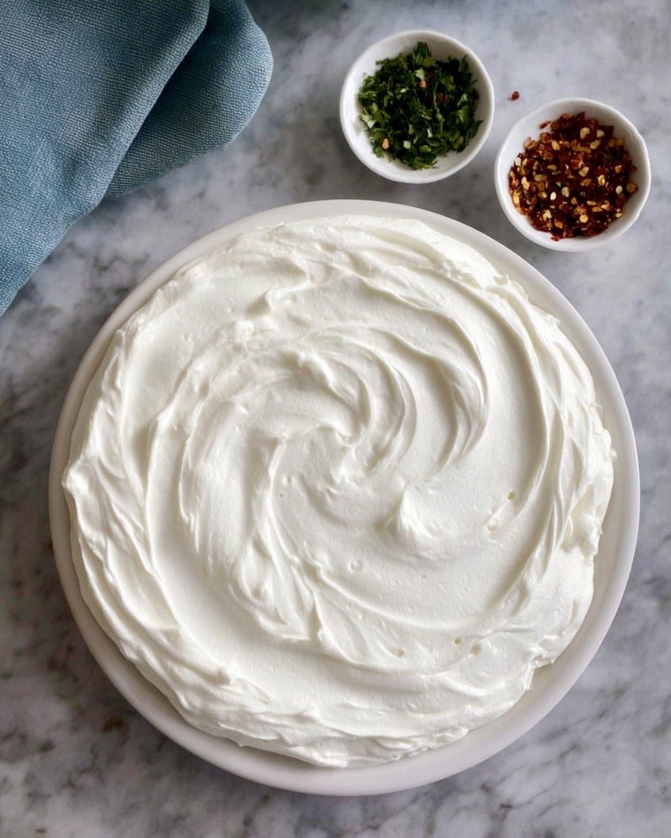 A single layer of smooth, white whipped cream is spread evenly on a round white plate, covering the entire surface with soft, sweeping swirls on top. The background features a white marbled texture. Two small white bowls filled with chopped green herbs and red chili flakes sit near the plate. Photo taken with an iphone --ar 4:5 --v 7