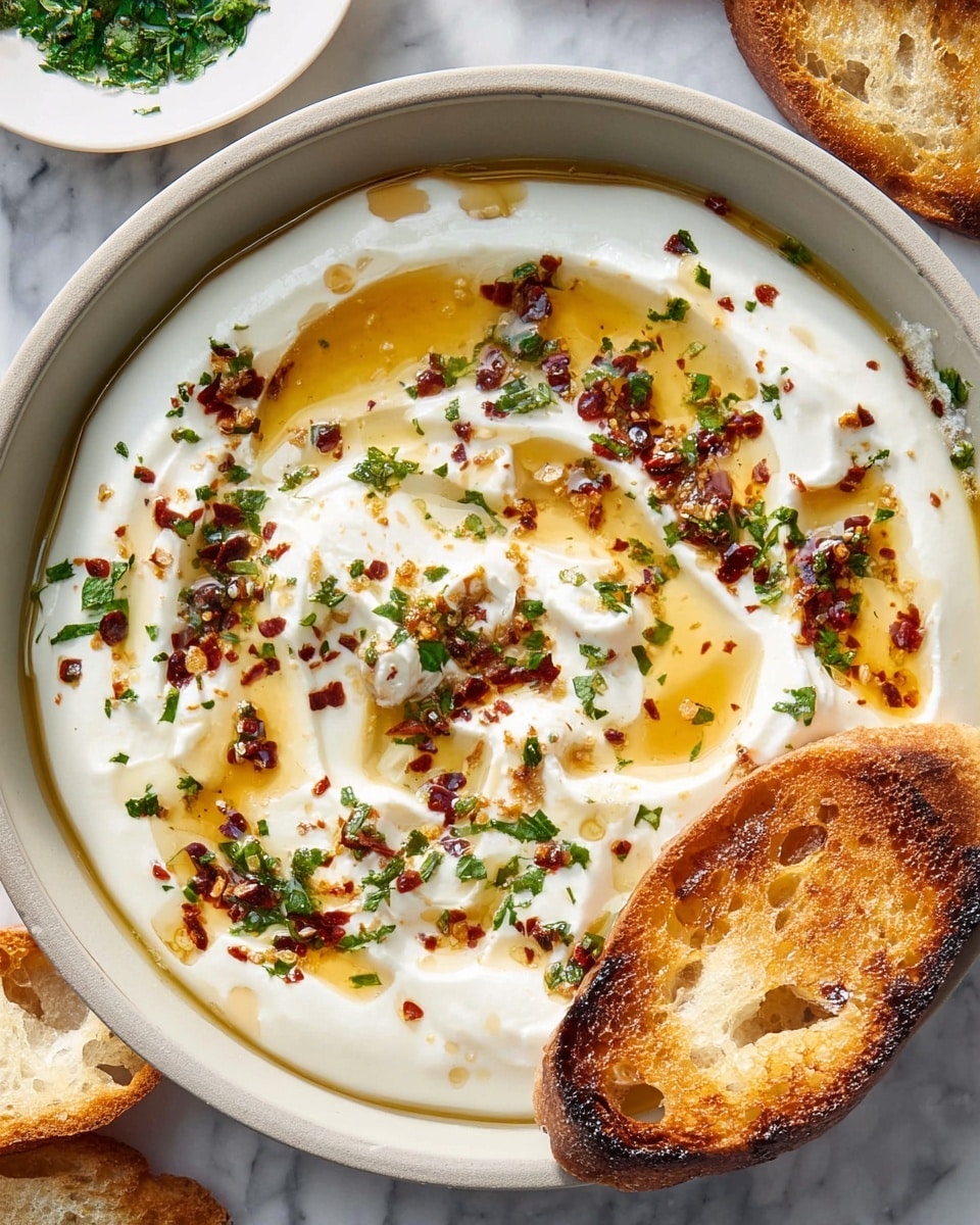 A white bowl filled with creamy white yogurt forming the base layer, swirled slightly on top with drizzles of golden brown honey spread unevenly. Scattered across the yogurt are small flecks of red chili flakes and finely chopped green herbs, adding pops of color and texture. A piece of toasted bread with a crispy, golden-brown crust is placed inside the bowl on the right side, partially dipped into the yogurt. The bowl sits on a white marbled surface, with a small white dish of green herbs in the top left corner and a few pieces of toasted bread at the bottom right corner. photo taken with an iphone --ar 4:5 --v 7