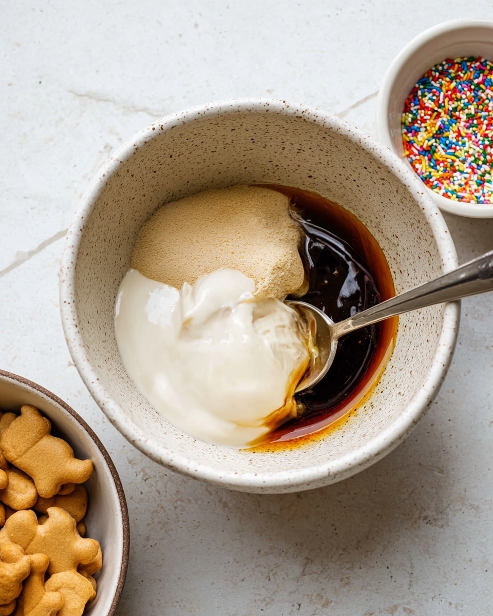 A white speckled mixing bowl with three visible layers inside: a light beige powder on the left side, a smooth white creamy layer on the bottom right, and a dark brown syrupy layer on the top right. A silver spoon is partially submerged in the mixture, angled from the bottom left toward the center. The bowl sits on a white marbled surface. Nearby, a small white bowl holds colorful sprinkles, and below to the left, a bowl with light brown animal-shaped crackers is partially visible. Photo taken with an iphone --ar 4:5 --v 7