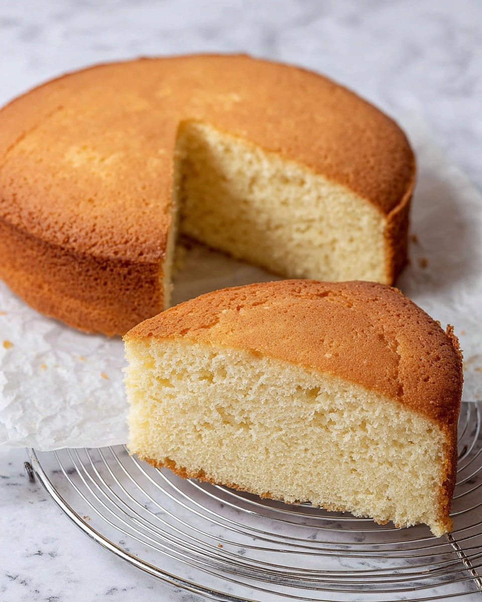 The image shows a round sponge cake with two layers, both light golden brown outside with a soft, pale yellow inside. One full layer sits on white parchment paper over a white marbled surface, while the other layer is cut horizontally into two halves resting on a round metal cooling rack placed on the same white marbled surface. The cake has a smooth top with slight wrinkles and a fluffy, even texture inside. Photo taken with an iphone --ar 4:5 --v 7