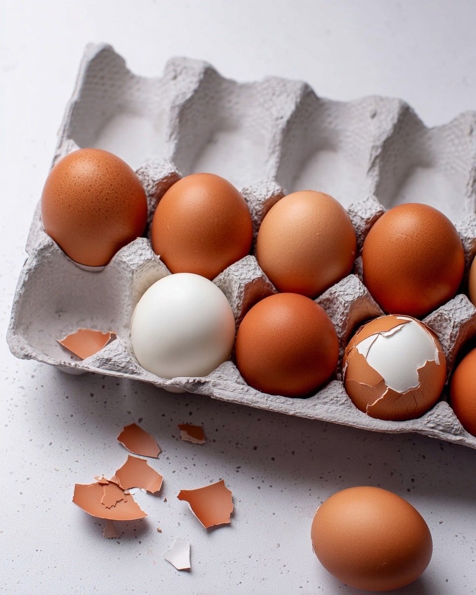 A gray carton holds ten brown eggs arranged in two rows with five eggs each, all smooth and round except for two eggs in the front row: the fourth egg is white with a broken brown shell still partially around it, and the fifth egg has a chunk of its brown shell missing at the top, revealing a white inside; several small broken shell pieces lie scattered on a white marbled surface beside the carton. photo taken with an iphone --ar 4:5 --v 7