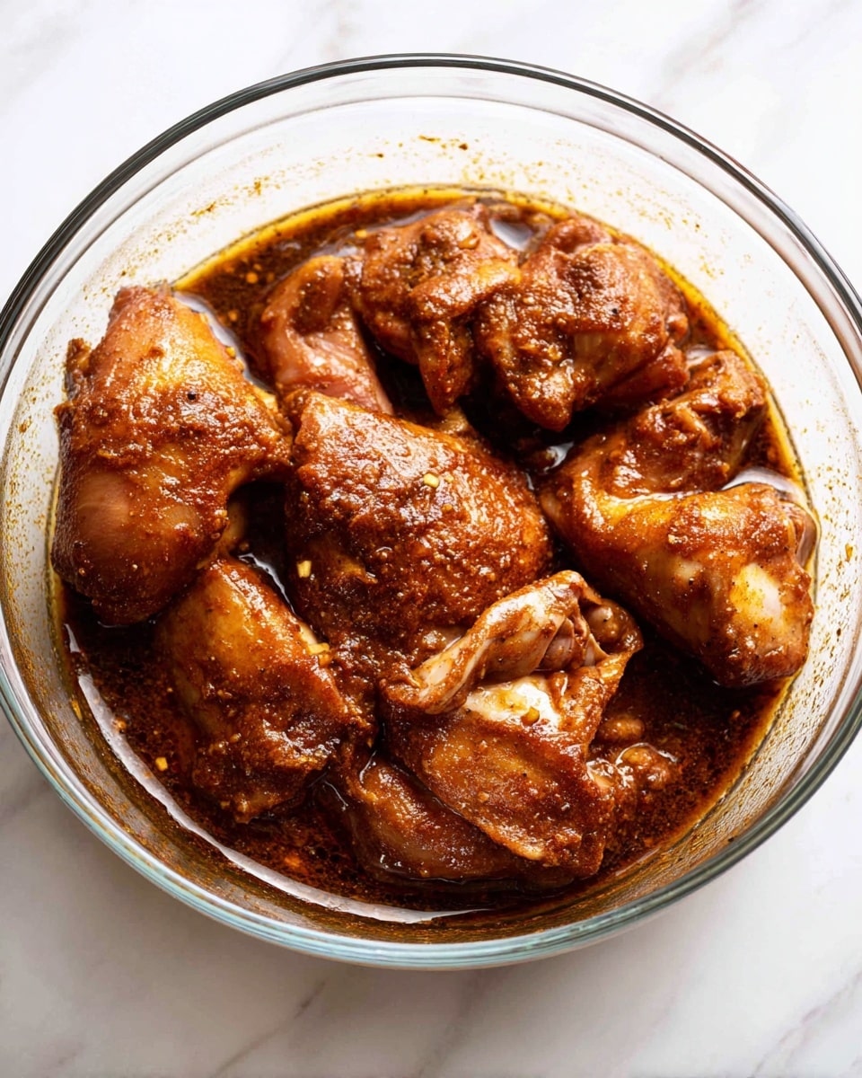 A clear glass bowl filled with several pieces of raw chicken fully covered in a dark brown, rich sauce that looks thick and slightly glossy. The chicken pieces vary in size and shape, resting closely in the sauce with visible texture from the spices and marinade coating them evenly. The bowl is placed on a white marbled surface which adds a clean and bright contrast to the dark color of the chicken and sauce. The scene is close up, focusing on the details of the marinade and the raw meat’s texture, creating a fresh and appetizing view. photo taken with an iphone --ar 4:5 --v 7